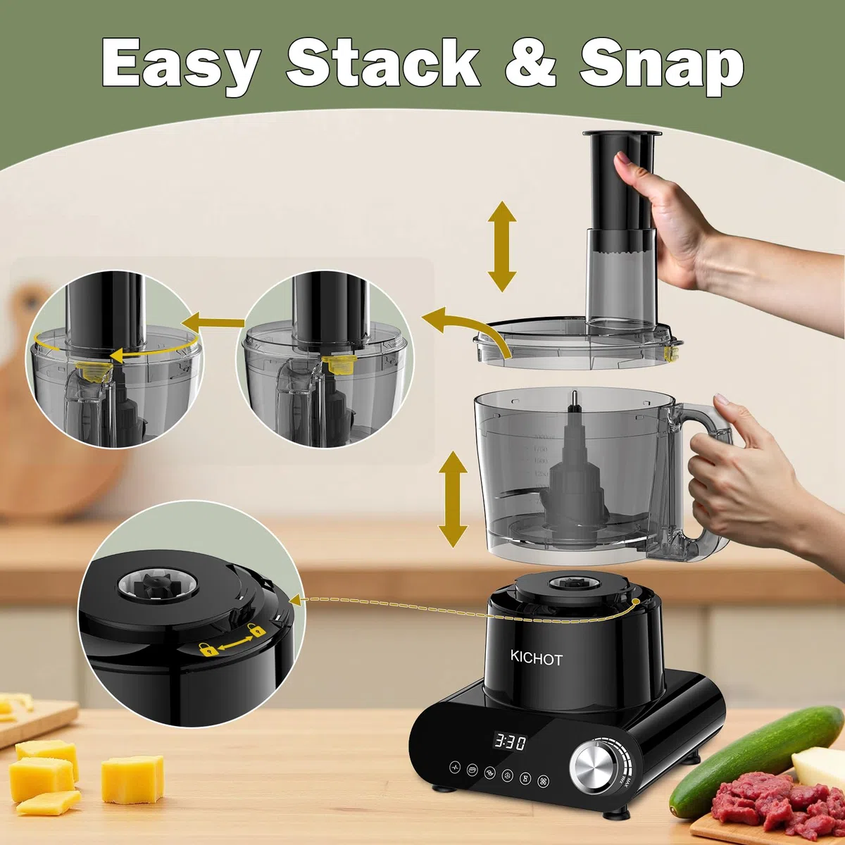 Küchenmaschine & Zerkleinerer, 2.5L Food Processor mit Zubehör Mahlschüssel, 1500W mit Großem Zuführschacht,Eiskrümelung, Mahlen, Zitruspresse, Raspeln, Schneiden & Teigzubereitung, Schwarz