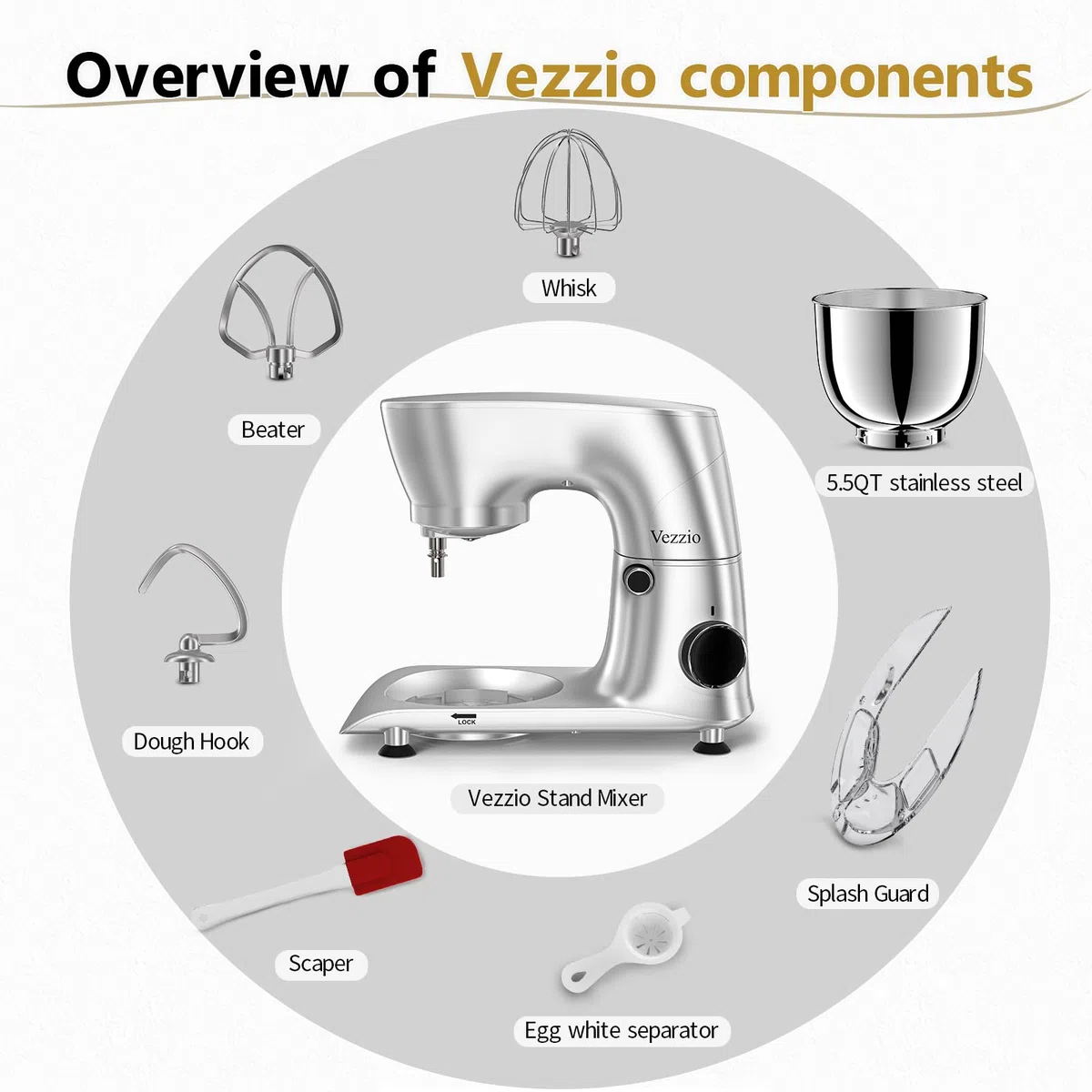 Vezzio Knetmaschine Küchenmaschine zum Backen, 5.5L | 1500W Teigmaschine Klein mit Knethaken, Schlagbesen, Spritzschutz, 10 Geschwindigkeit Planetarisches Rührsystem (Silber)