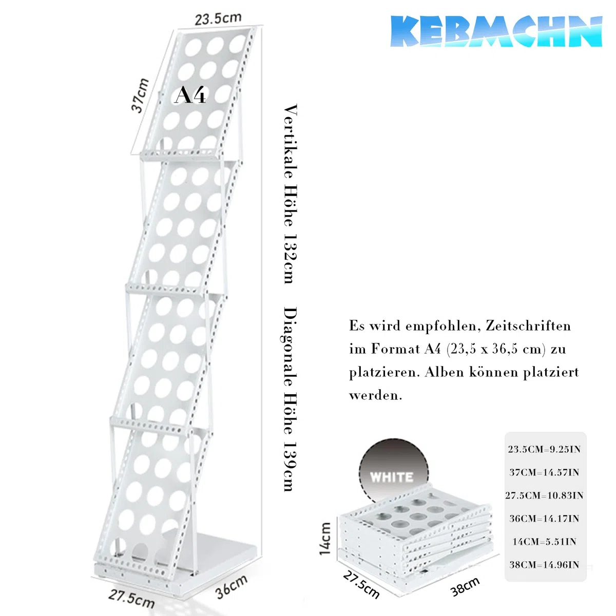 A4 Broschüre Magazin Katalog Literatur Display, Katalogständer Tragbar aus Metall, Schwarz, Inkl Lochdesign mit Tasche, faltbare Magazinhalter Prospektständer Flyerständer(Weiß)