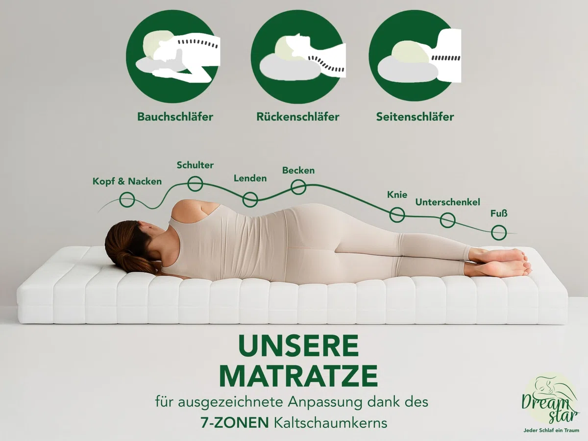DREAMSTAR Easy Flex 7-Zonen Matratze 80x190 cm | H3&H4 | Ergonomische Kaltschaummatratze | Hypoallergen & Antibakteriell | Bezug abnehmbar & waschbar | Oeko-TEX® | (13cm, 80 x 190 cm)