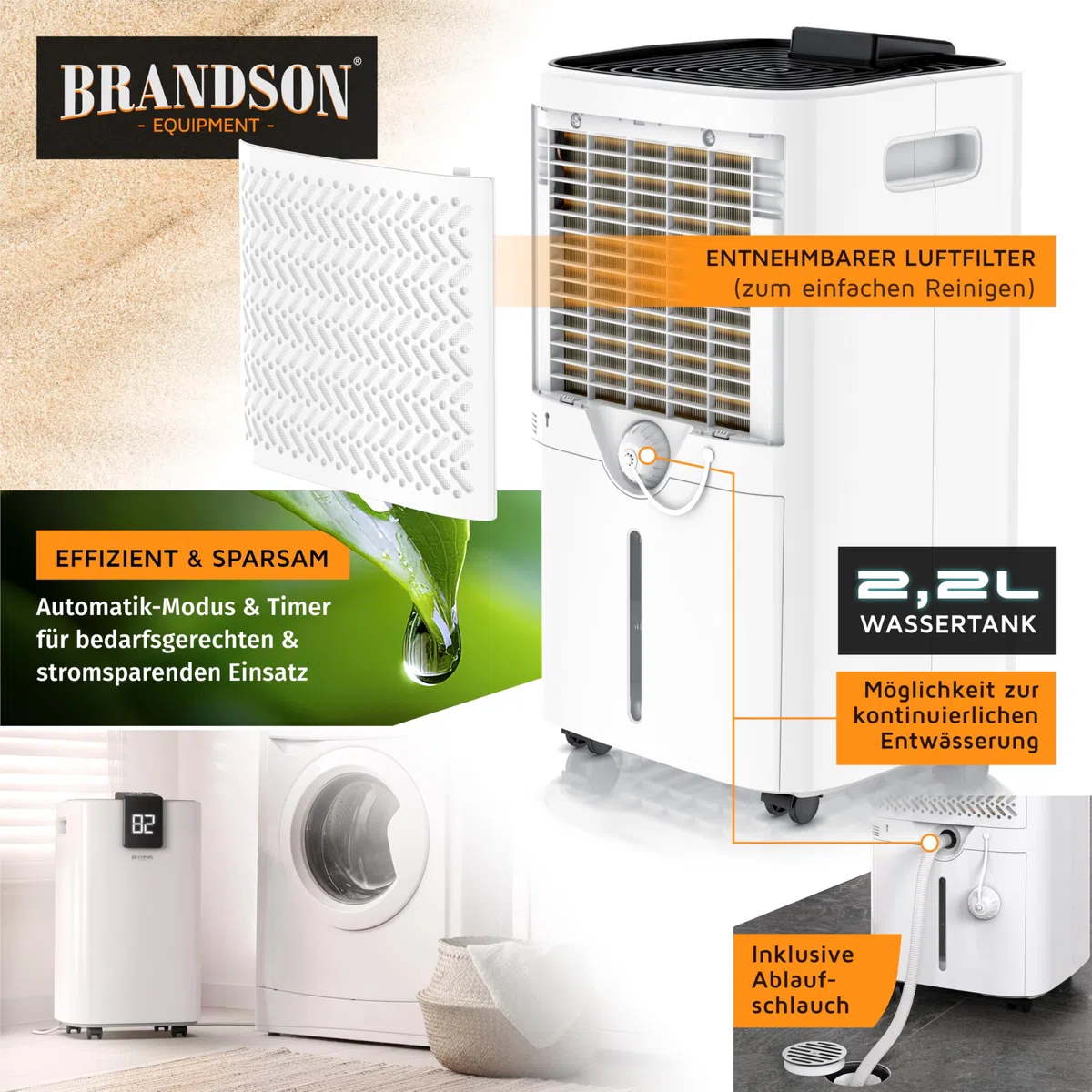 Brandson - Luftentfeuchter 16L mit Kompressor – Dehumidifier Raumentfeuchter elektrisch – 16 Liter / 24h – sehr leise - Display - Schlafzimmer Bad Keller