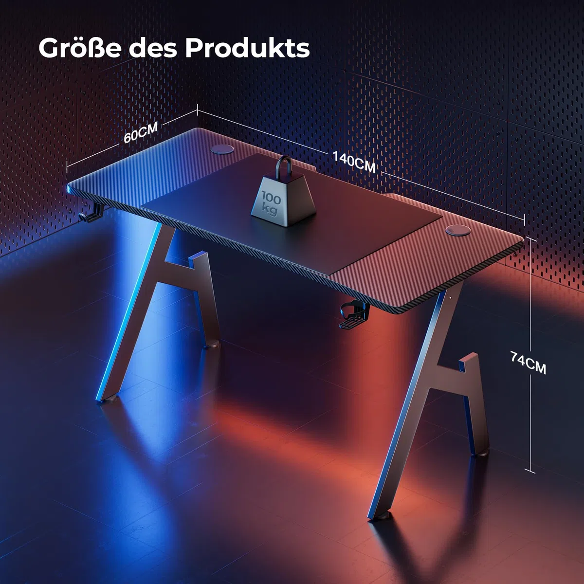 HLONONE Gaming Schreibtisch 140 x 60 cm, Gaming Tisch, Stabiler PC Schreibtisch mit Kohlefaserbeschichtung, Ergonomischer Computertisch mit Kopfhörerhaken und Getränkehalter, Schwarz