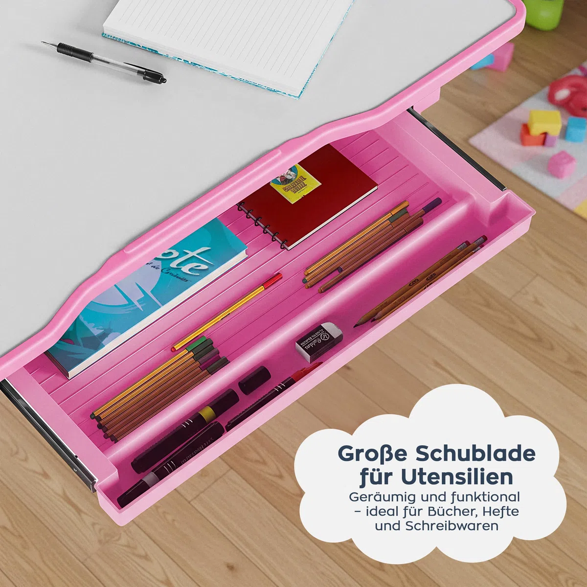 MARK ADLER Study 3.0 Kinderschreibtisch - Höhenverstellbar 54-76 cm - Schreibtisch Kinder ab 6 Jahren - Neigbare Tischplatte - mit Schublade und Buchständer - Ergonomisch zum Lernen - Rosa
