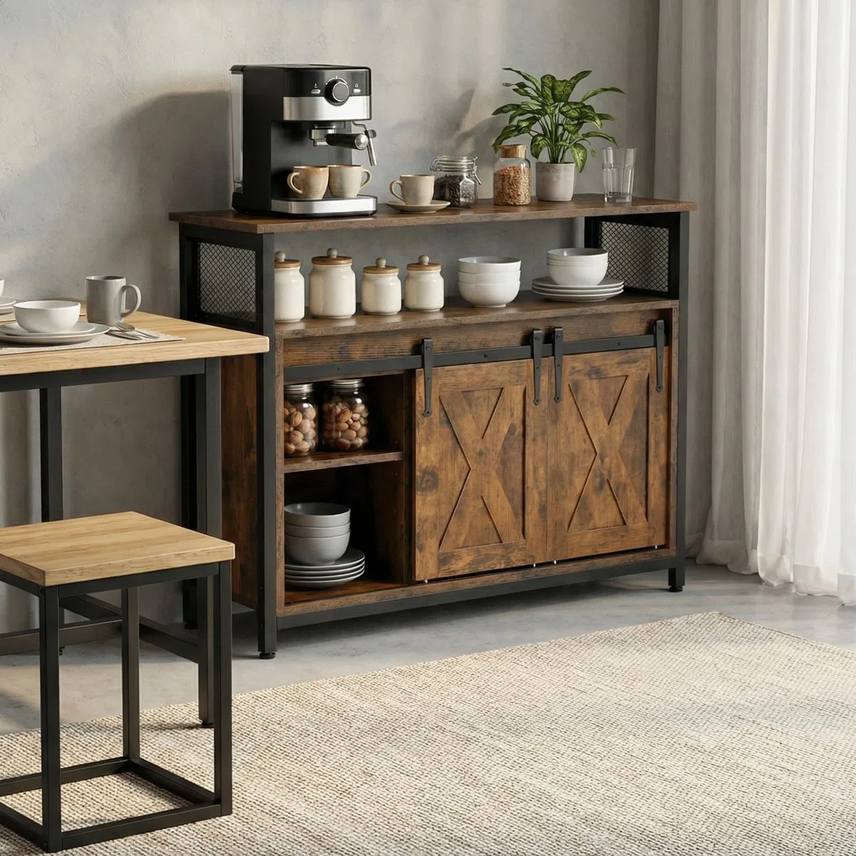 Sideboard, Küchenschrank, Aufbewahrungsschrank, 100 x 33 x 80 cm, mit 2 Schiebetüren, verstellbare Ablagen, Landhausstil, für Wohnzimmer, Esszimmer und Küche, vintagebraun-schwarz