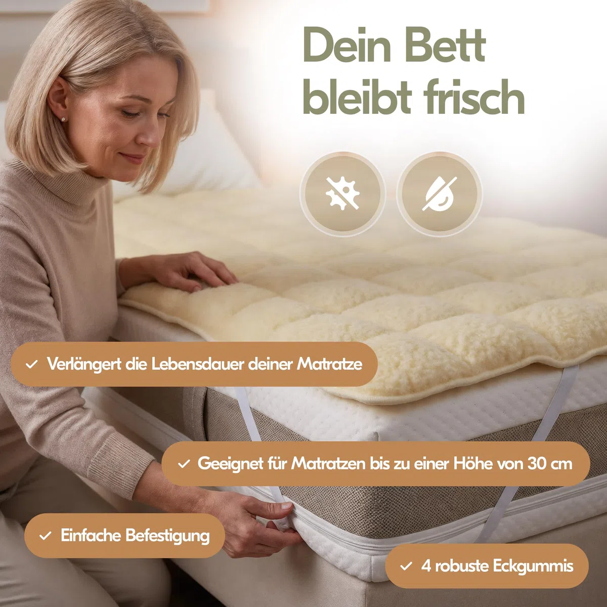 Lammfell Unterbett 90x200 Wendbare Bettauflage aus Schurwolle Atmungsaktive Matratzenauflage mit Eckgummis