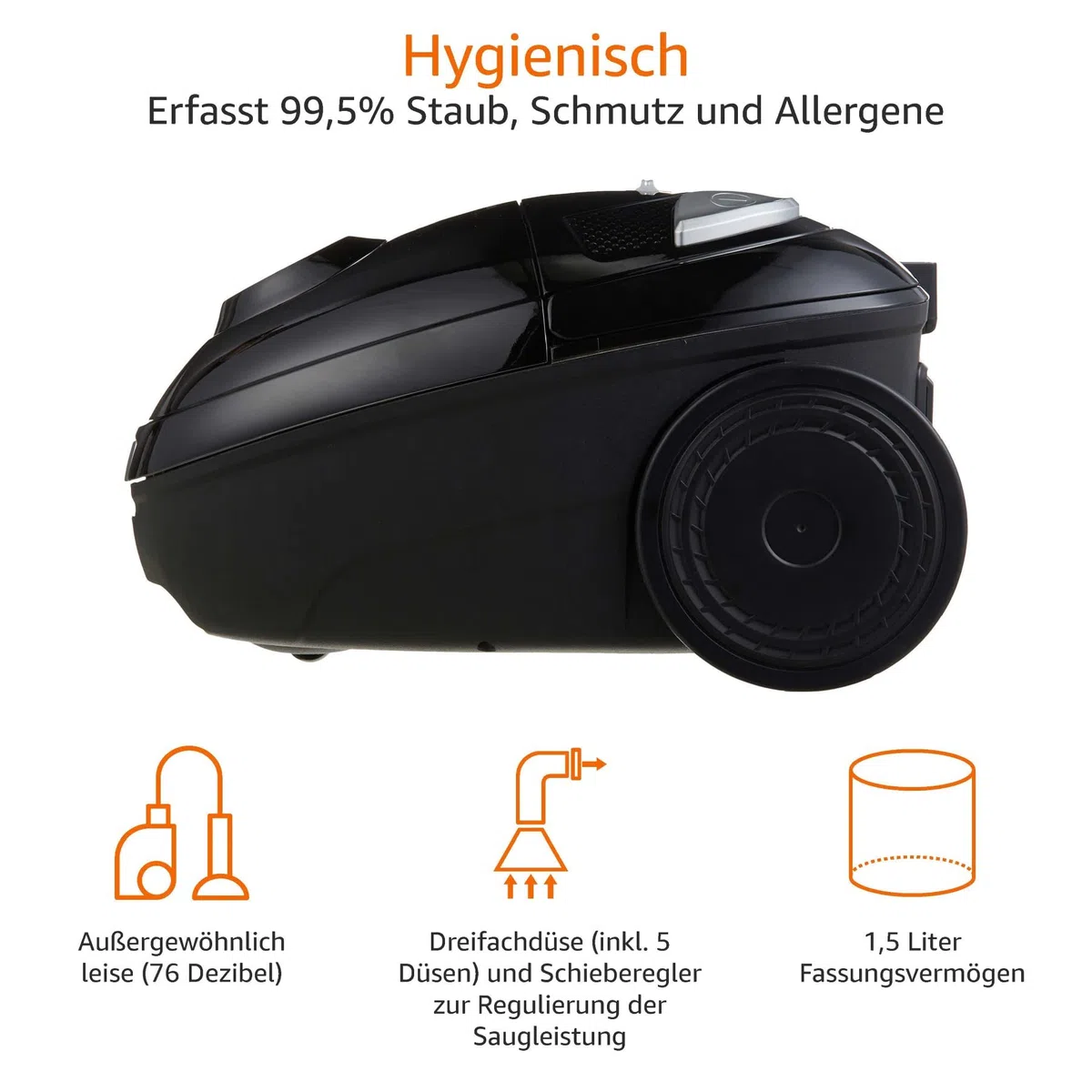Amazon Basics Staubsauger mit Beutel- VCB35B15C-1J7W-70, leistungsstark, kompakt und leicht, für Hart- und Teppichböden, HEPA-Filter, 700 W, 1.5 l, EU, Schwarz