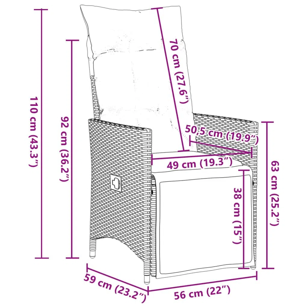 vidaXL Gartensessel Verstellbar mit Kissen, Gartenstuhl mit Stahlrahmen, Loungesessel für Außenbereich, Relaxsessel, Grau Poly Rattan