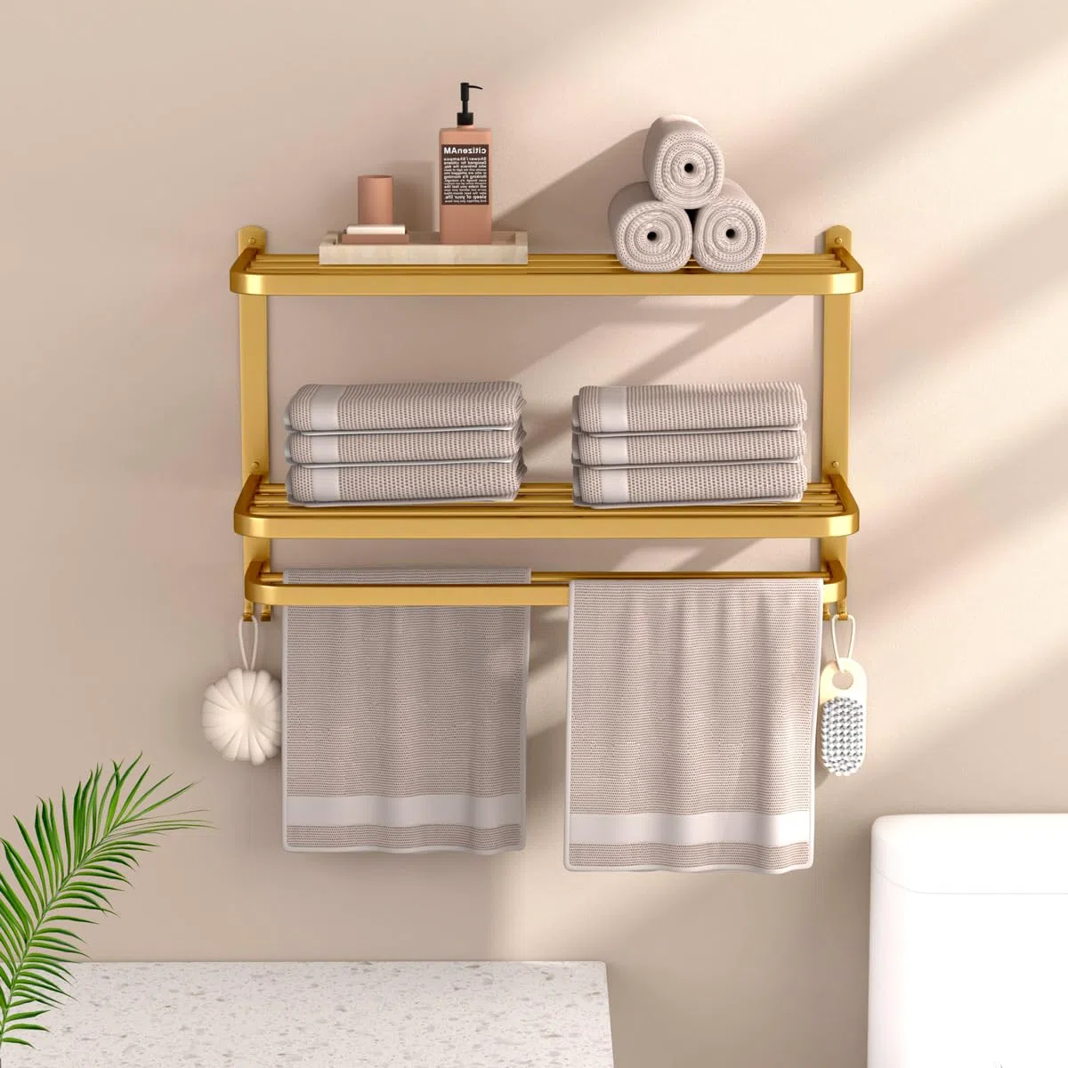 3-stöckige goldene Handtuchhalter für Badezimmer mit Handtuchstangen Mehrschichtiges Hotel Handtuchregal Edelstahl Wandmontage Gebürstete Oberfläche Halter mit Handtuchregalen 58.4 cm
