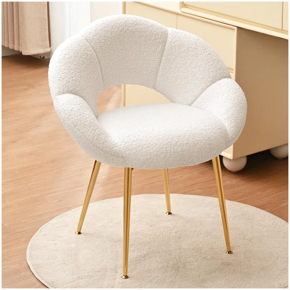 Schminktisch Stuhl, Teddy-Stoff Relaxsessel & Lesesessel, Schminkstuhl in Blumenform, Luxus Loungesessel für Arbeitszimmer, Schlafzimmer, Wohnzimmer, Balkon (Teddy-Stoff, Beige)