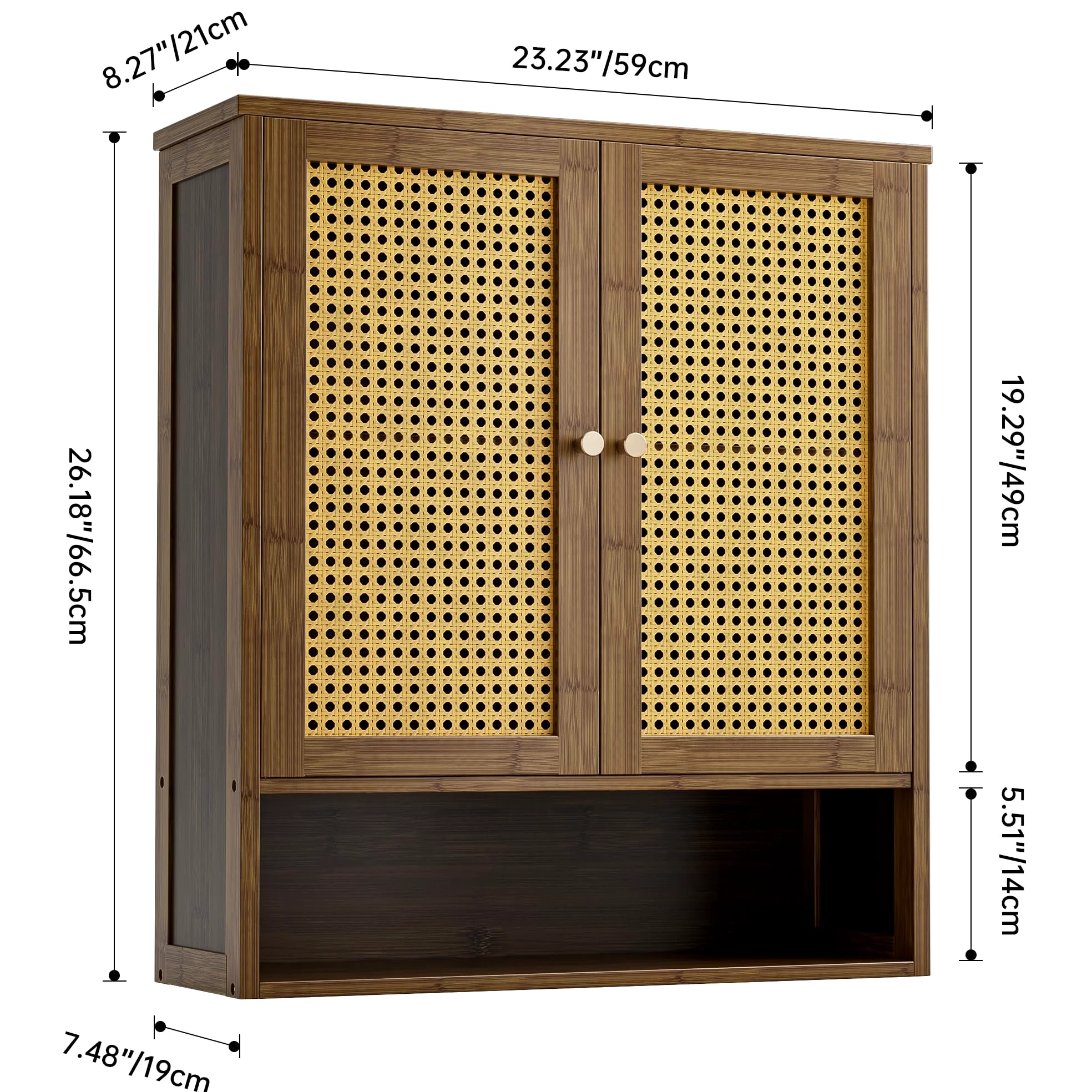 Badezimmer-Wandschrank, Bambus-Aufbewahrungsorganisator über der Toilette mit 2 Rattantüren und verstellbarem Regal, platzsparender Medikamentenschrank für Wäsche, Küche, Wohnzimmer (Walnuss)