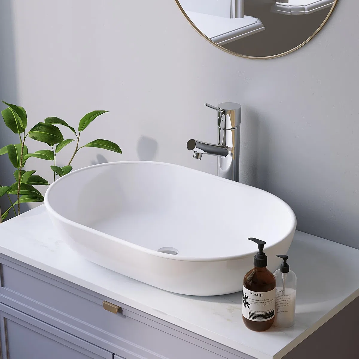 Design-Waschbecken Keramik Weiß Oval 60 x 42 cm Aufsatzwaschbecken Moderner Waschtisch für Unterschrank Waschplatz Badezimmer Handwaschbecken Aufsatzbecken Waschschale OHNE Hahnloch Überlauf