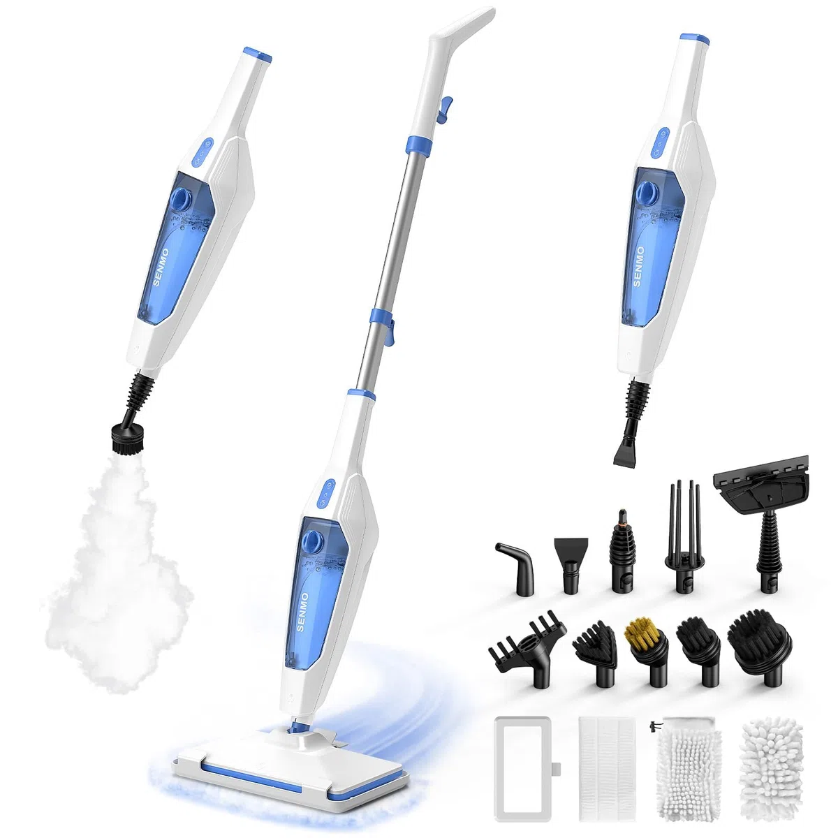 SENMO Dampfreiniger 10-in-1 mit abnehmbarem Handdampfreiniger, 15 s Aufheizzeit, 230°F Heißdampf, als Dampfmop mit Zubehör & 2 Pads, für Böden, Parkett, Fliesen, Fugen, Teppich, Küche & Bad