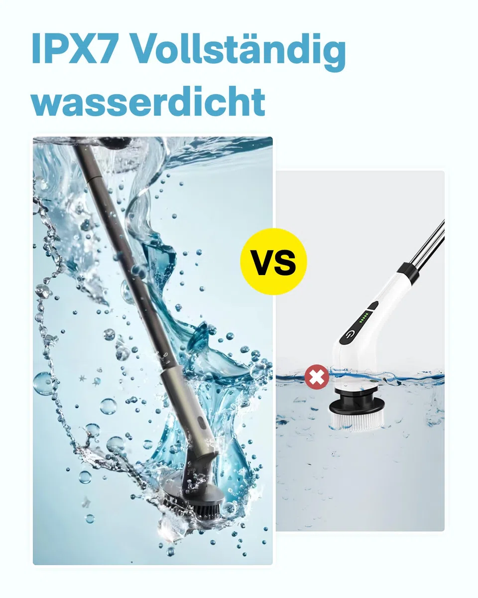 HOTO Elektrische Reinigungsbürste mit Verlängerungsstiel & 6 Wechselbürstenköpfe, IPX7 Reinigungsbürsten Elektrisch, Typ-C-Ladung Putzbürste Elektrisch für Bad, Böden, Fliesen, Glas, Küche und Auto
