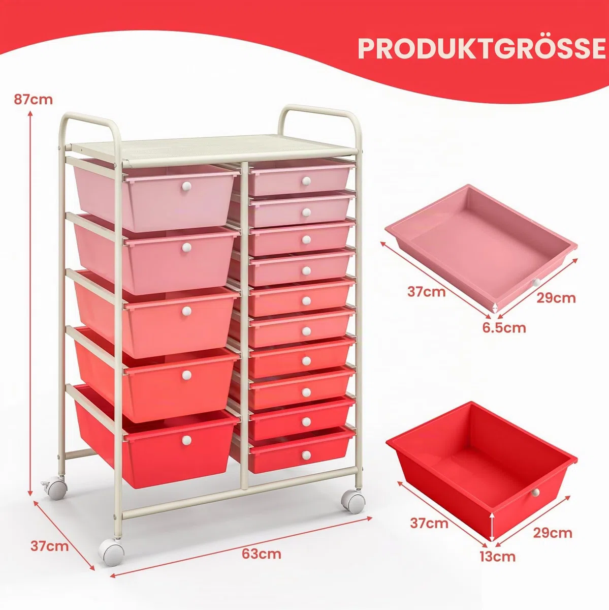 KOMFOTTEU Rollwagen mit 10/15 Schubladen stapelbar, Badrollwagen Rollcontainer mit Metallrahmen, Allzweckwagen Haushaltswagen Beistellwagen für Bad & Küche (Rosa, 15 Schubladen)