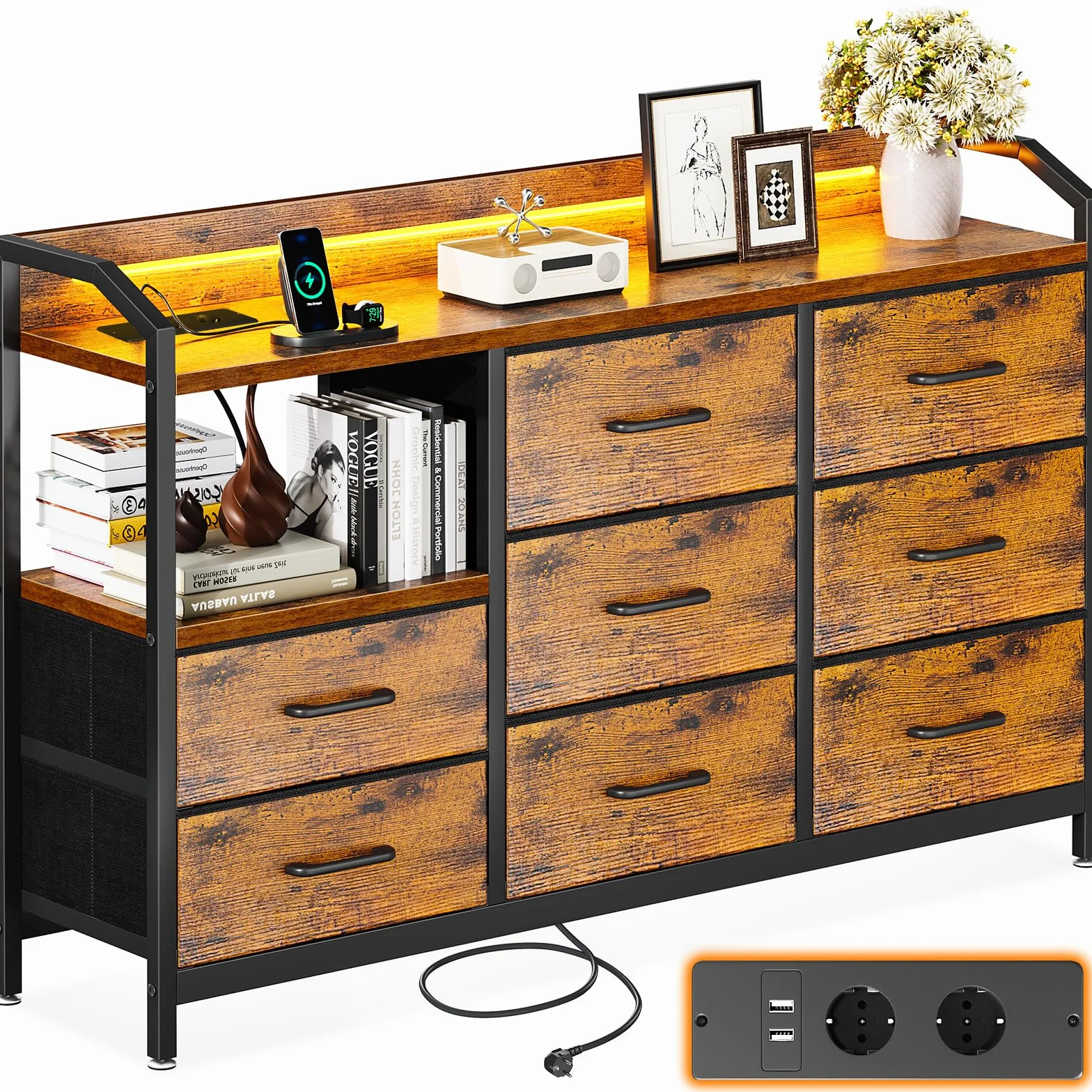 ODK Kommode mit Schubladen, Schubladenschrank mit LED-Lichtstreifen mit 10 Einstellbaren Farben und 2 USB- und 2 AC-Steckdosen, 8 Stoffschubladen, Wohnzimmer Schlafzimmer Kommode, 110*30*88cm Vintage