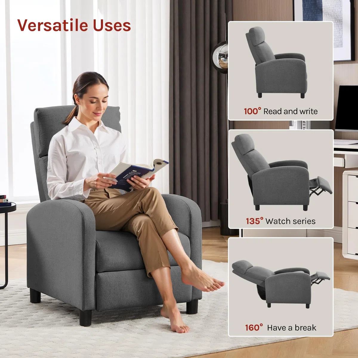 WOLTU Relaxsessel mit Liegefunktion, verstellbar, Polster, 89 x 102 x 65,5 cm, Leinen, Dunkelgrau