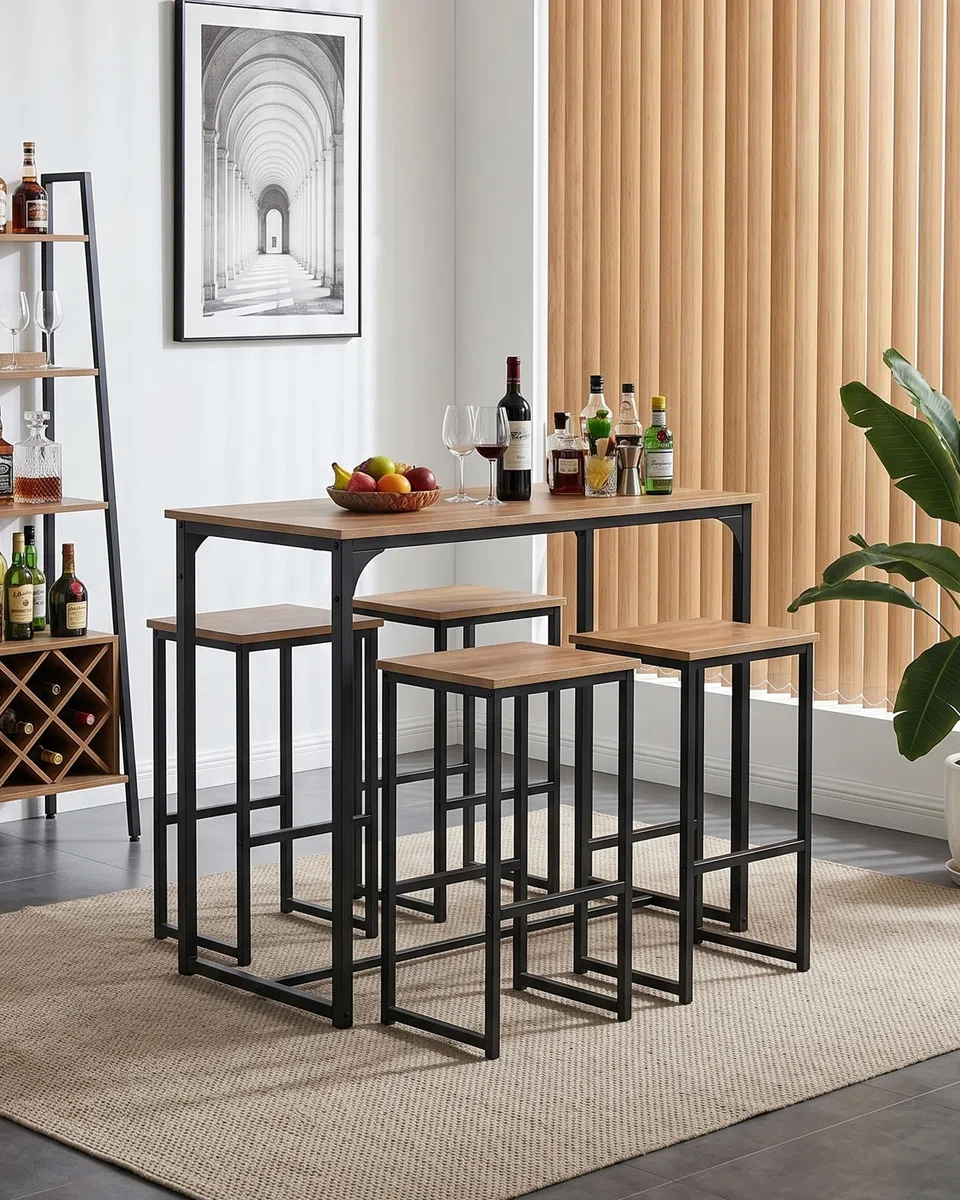 Bartisch Holz Küche, Bartisch mit Barhocker Set, Stehtisch Holz Outdoor, Hochtisch Küche mit Stühlen Set, Vielseitiges modernes Design Bistrotisch mit 4 Stühlen