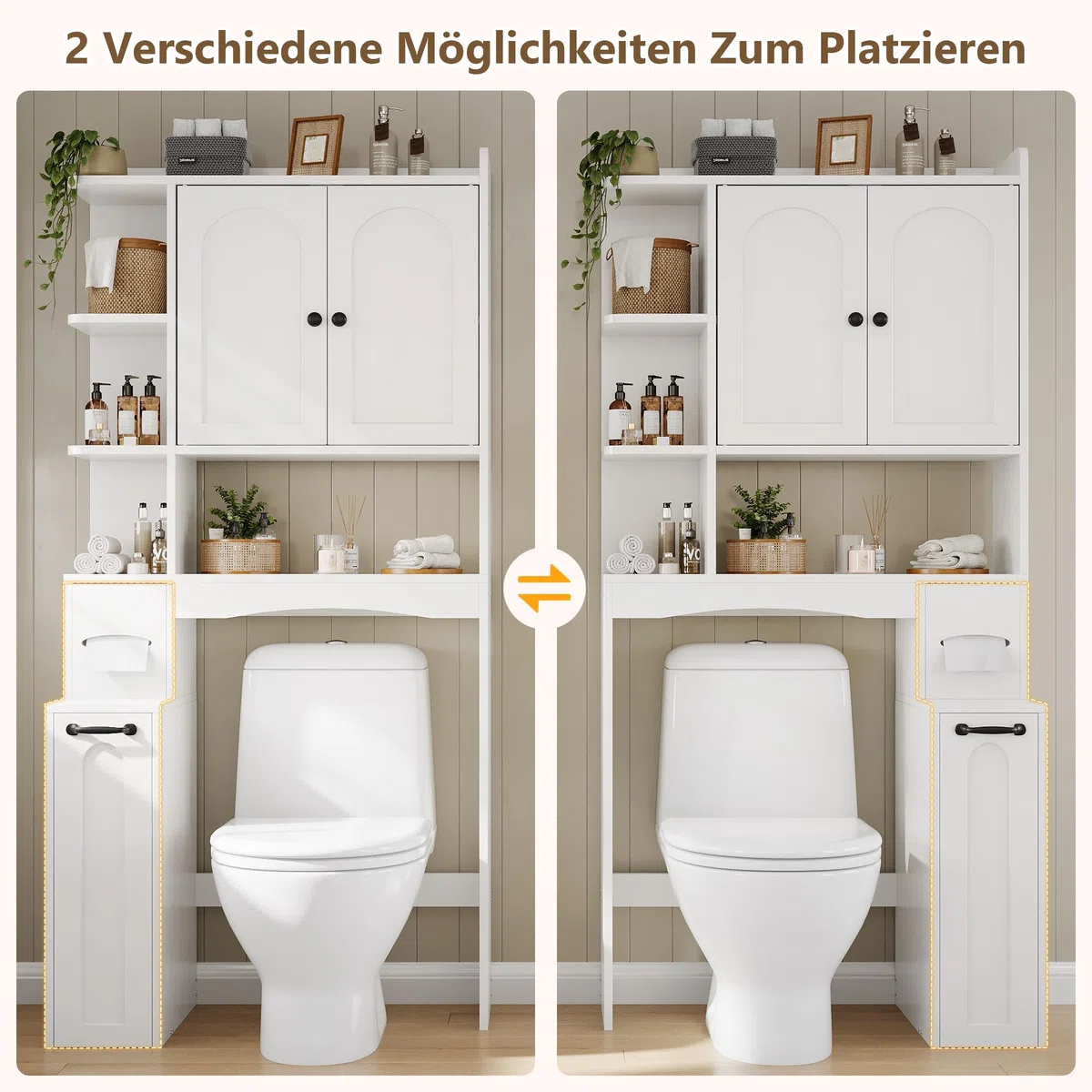 FEONASE Über-WC-Aufbewahrungseinheit mit Seilzug, kleinem Stauraum, Toilettenpapierhalter, Türen und verstellbaren Regalböden, platzsparende Lösung für Bad und Waschküche in Weiß