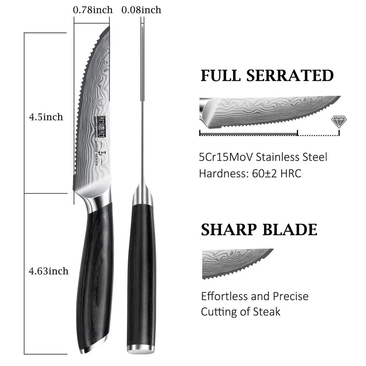HOSHANHO 6-Teilig Steakmesser-Set, 11,5 cm Steakmesser Set mit Japanischer Wellenschliffklinge, Ultrascharfes Steakmesser aus Pulverisiertem Kohlenstoffstahl mit Pakkaholzgriff