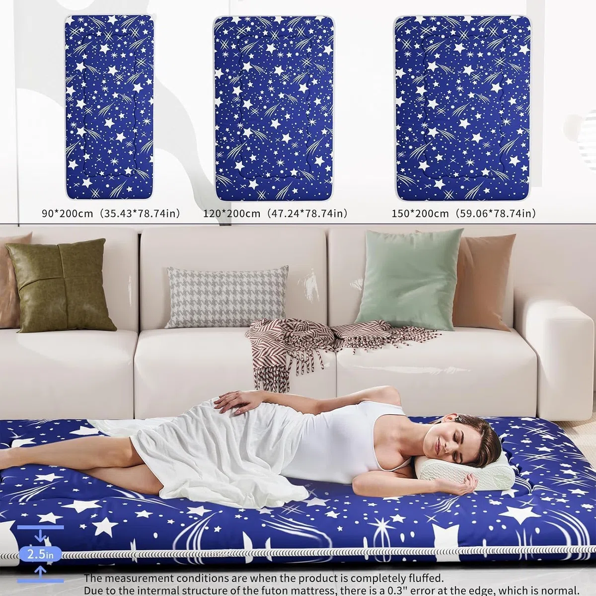 Kiseely Japanische Futon-Matratze, Faltbare Tatami-Matte, tragbare Schlafunterlage mit Tasche und Gurt, Bodenmatratze, verdickte Schlafmatratze, Camping-Matratze (Blau Yu1, 150X200cm)