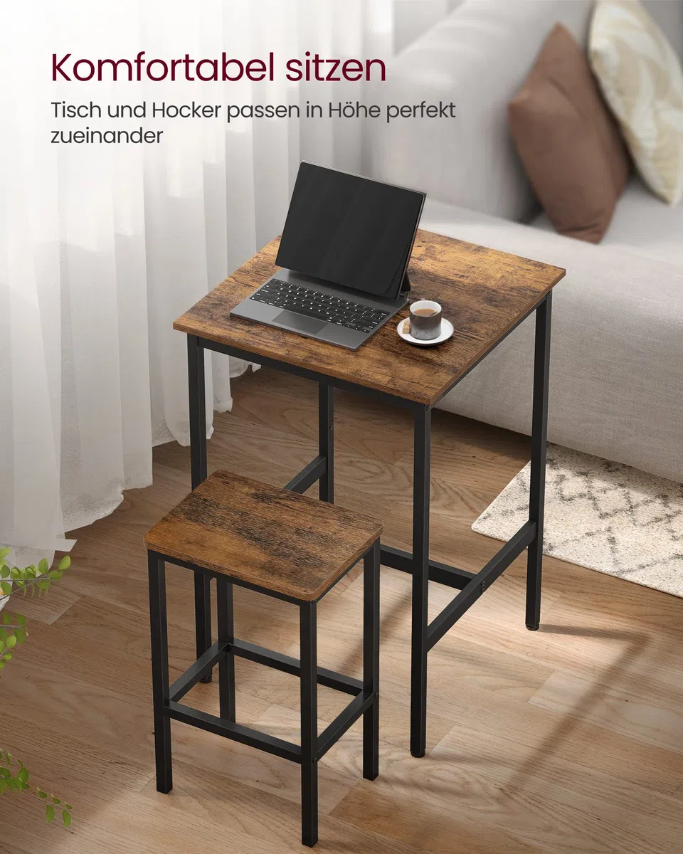 VASAGLE Bartisch mit Barhocker-Set, Esstisch mit 2 Stühlen, Küchentisch klein, Barstühle, für Esszimmer, Küche, vintagebraun-tintenschwarz LBT017B01