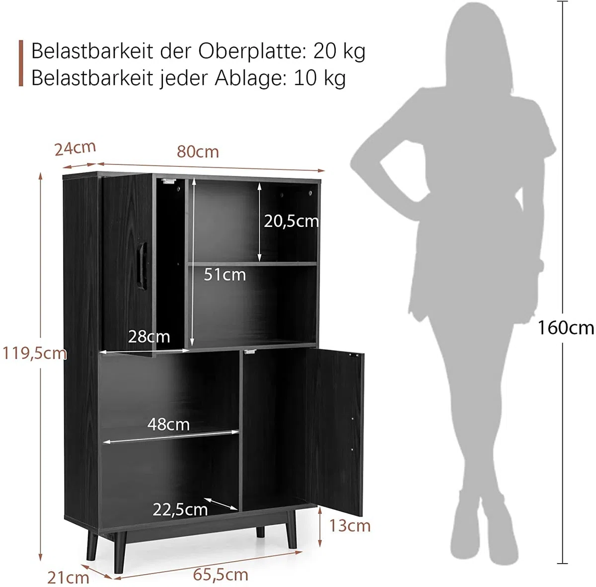 COSTWAY Bücherschrank mit 2 Türen und 4 offenen Regalen, Bücherregal Holz, Standregal, Holzregal, Aufbewahrungsregal für Wohnzimmer, Arbeitszimmer, Küche, 80 x 24 x 120 cm (Schwarz)