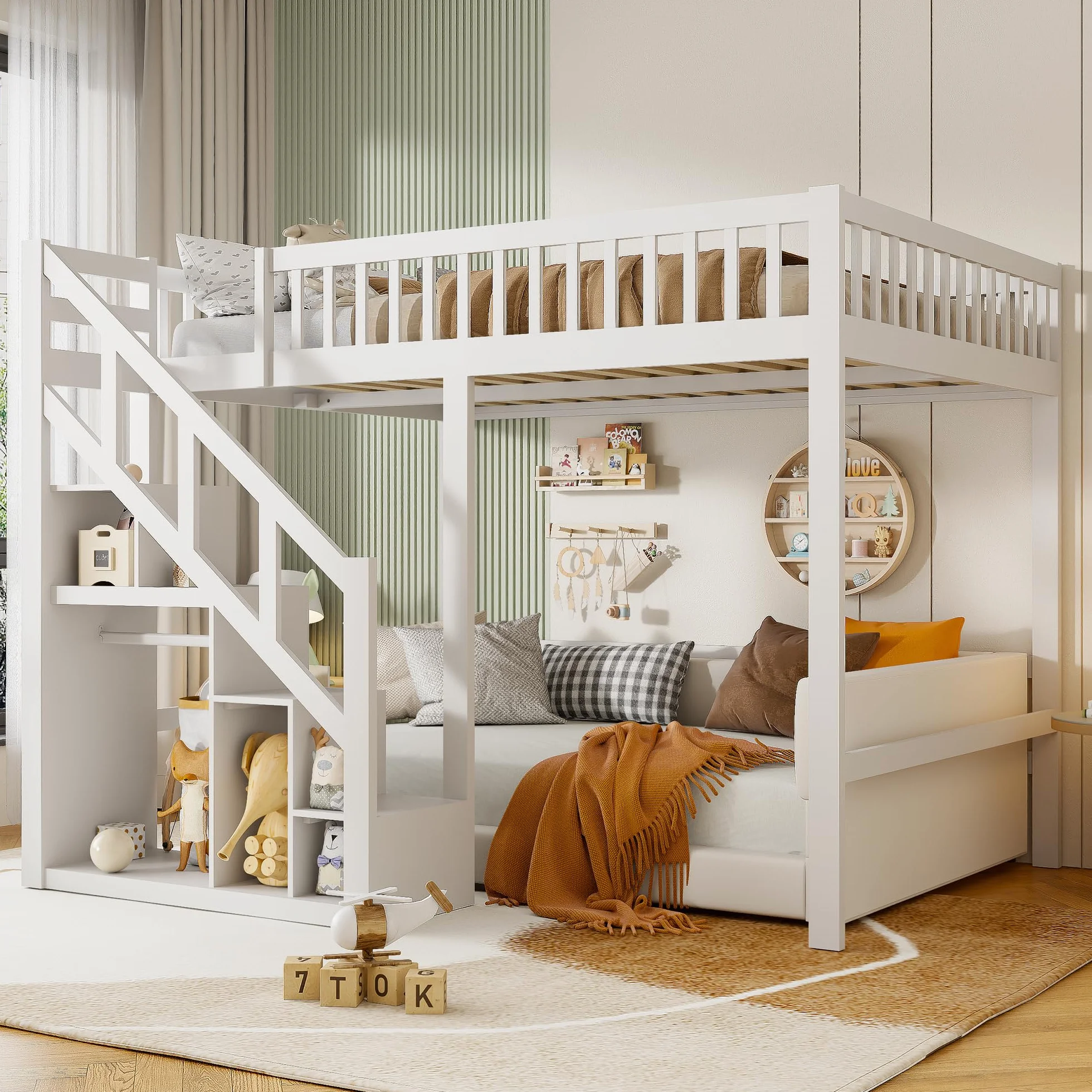 Etagenbett 90x200 cm für Kinder, Hochbett mit Treppe & Aufbewahrungsschrank, Massivholz, ohne Matratze