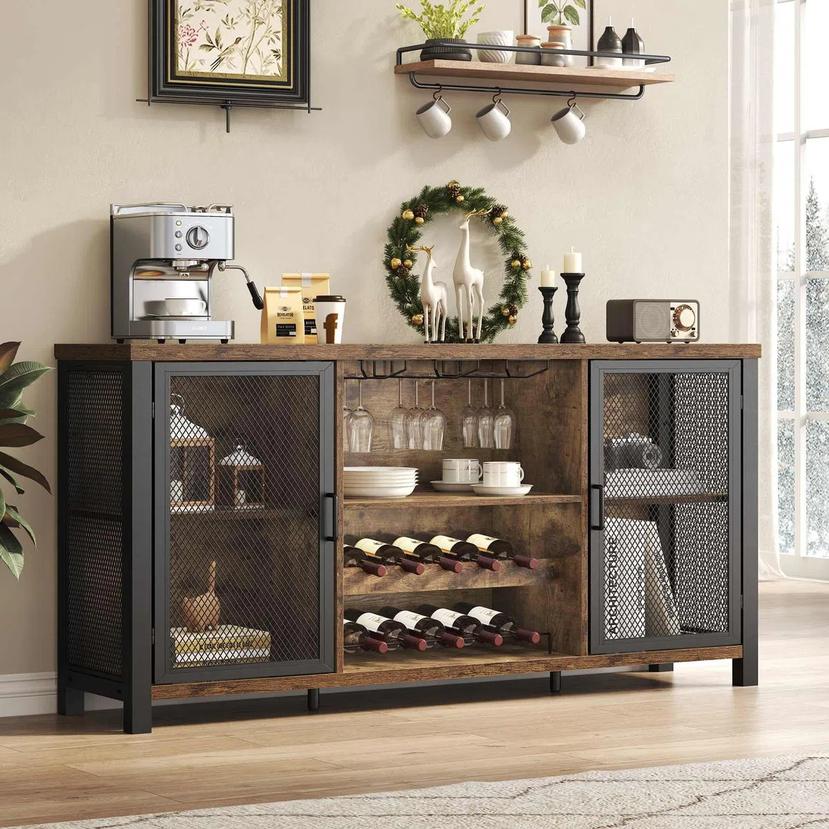 Launica Sideboard Kücheschrank Mit Stauraum Industriell Weinschrankf für Spirituosen Schrank Mit Wein Regal Holz Metall Barschrank für Zuhause Küche Essen Rustikal Braun 140 cm