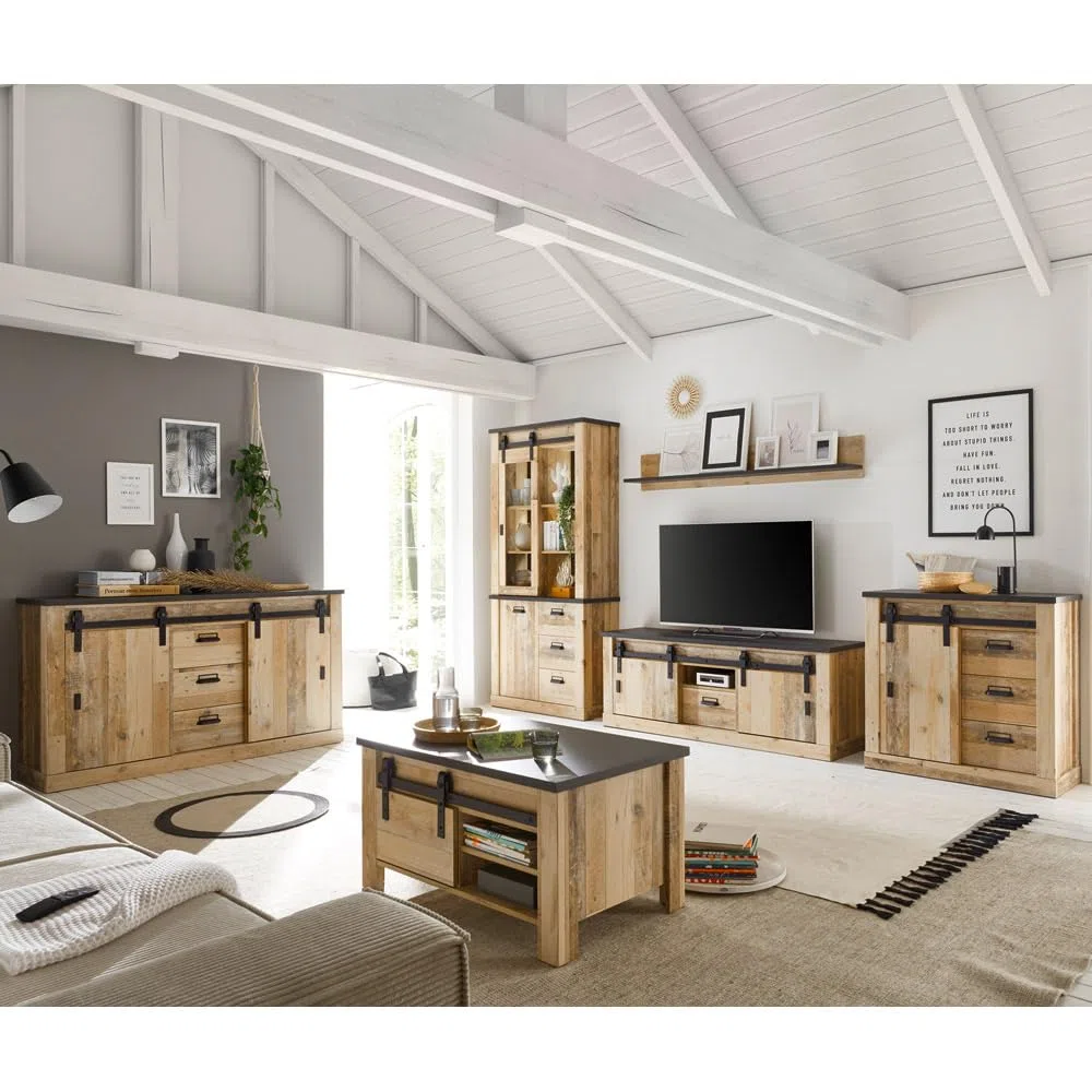 Lomadox Wohnzimmer Komplett Set Old Style hell anthrazit B/H/T: ca. 570/201/43 cm