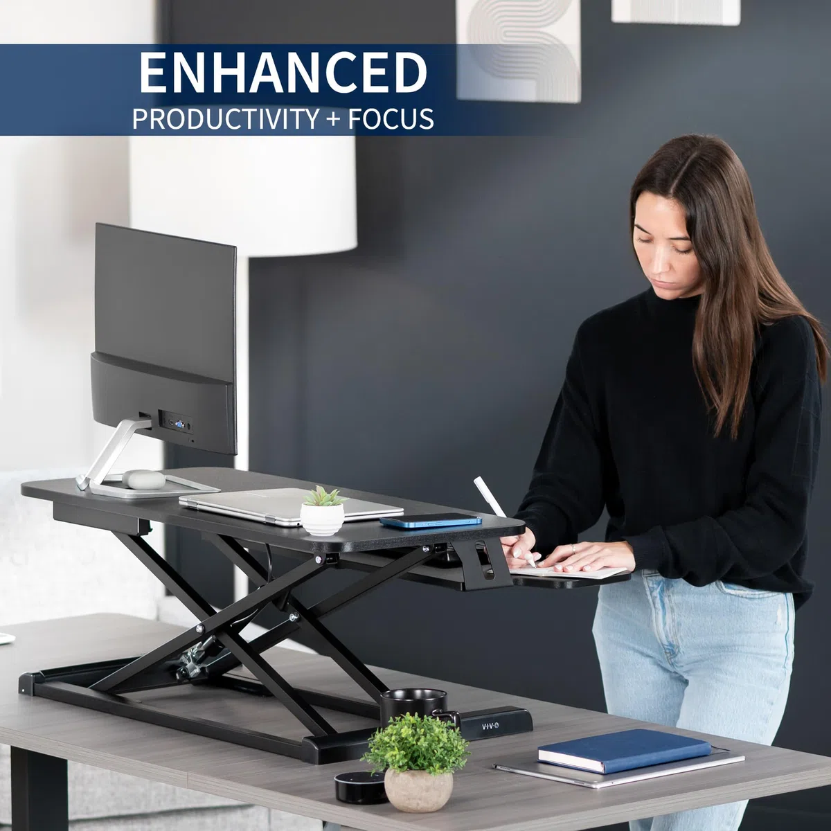 VIVO 32” Stehpult-Konverter mit höhenverstellbarem Aufsatz, Steh-Sitz-Arbeitsplatz für zwei Monitore und Laptop, mit breiter Tastaturablage, Schwarz, DESK-V000K