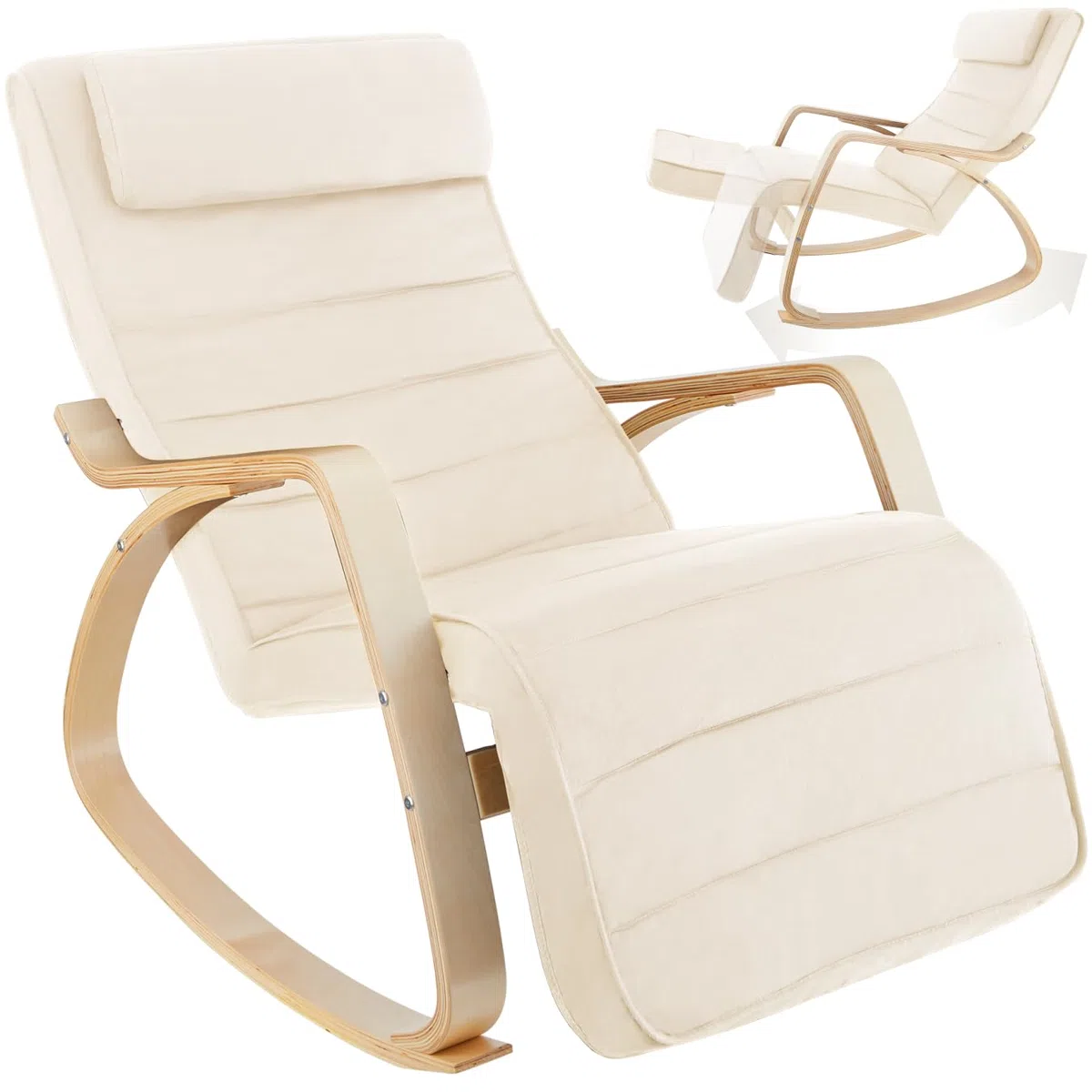 tectake® Schaukelstuhl mit Armlehnen aus Birkenholz, Relaxsessel mit 5-Fach Verstellbarer Fußsstütze, bis 150 kg belastbar, mit Polster, Sessel für Wohnzimmer, Schaukelsessel, Fernsehsessel - beige