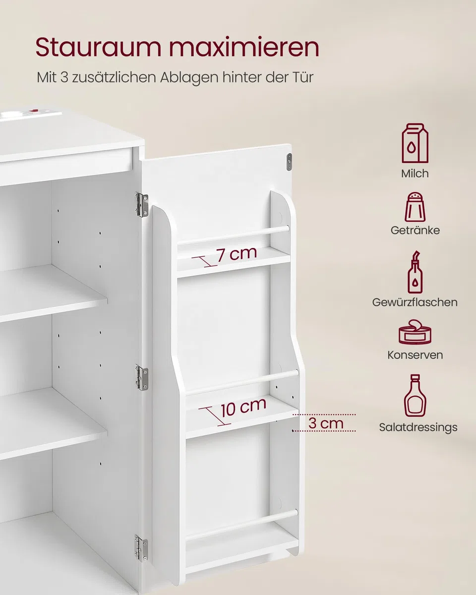 VASAGLE Custos Kollektion - Küchenschrank, Aufbewahrungsschrank, Sideboard mit Arbeitsplatte, Mikrowellenregal, mit 1 offenem Fach, 3 Türen, verstellbaren Ablagen, wolkenweiß BBK373WB01