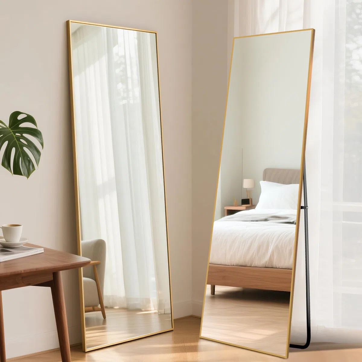 Hochwertiger Standspiegel 140x40cm, Wandspiegel mit Goldem Rahmen und Gehärtetem Glas, Ganzkörperspiegel für Schlafzimmer, Wohnbereich, Flur, Badezimmer