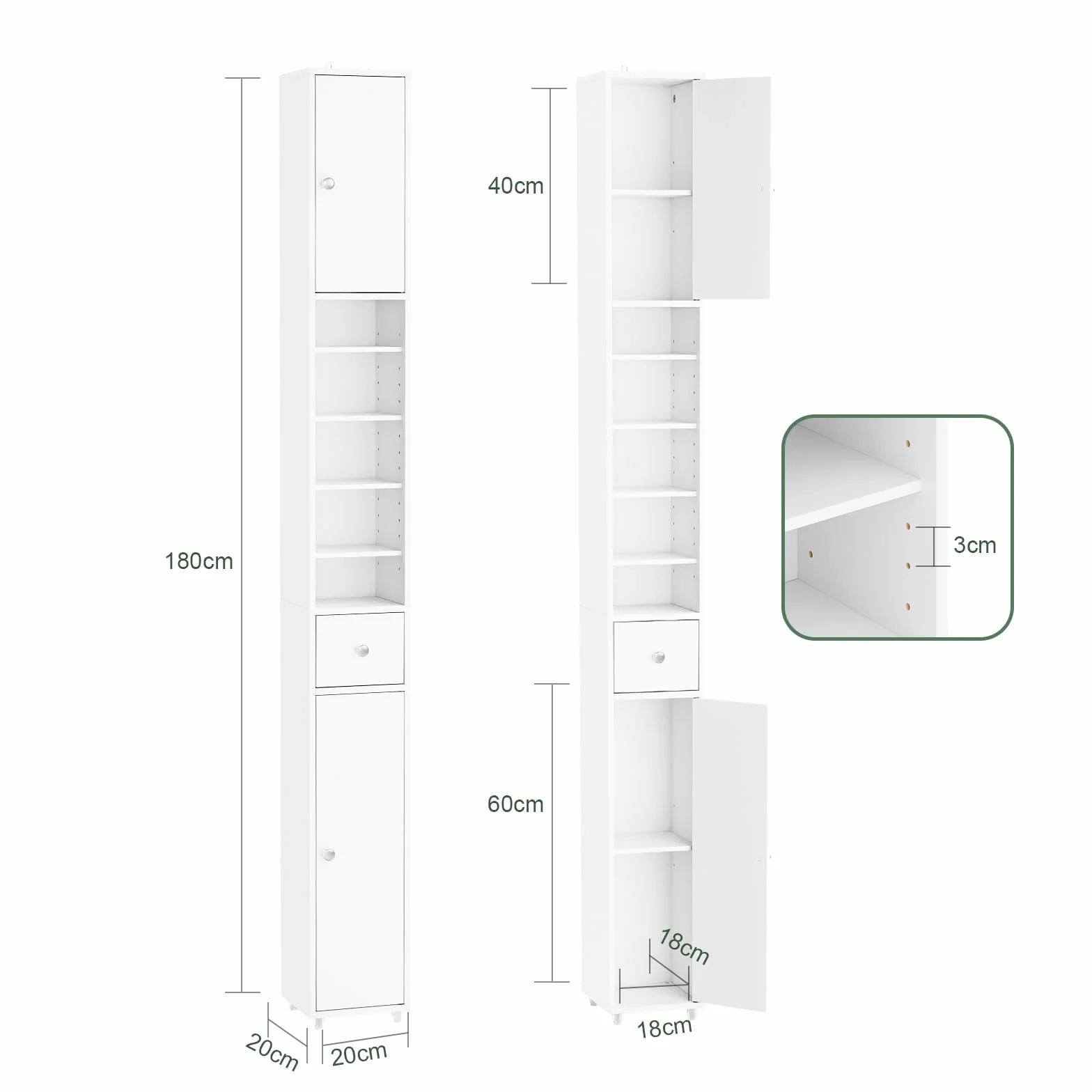 SoBuy Badezimmerschrank Hochschrank Schmal Badschrank für kleine Bäder mit verstellbaren Einlegeböden Platzsparender Badezimmer Schrank für Waschbecken, WC, Waschmaschine, 20x20x180cm Weiß BZR34-II-W