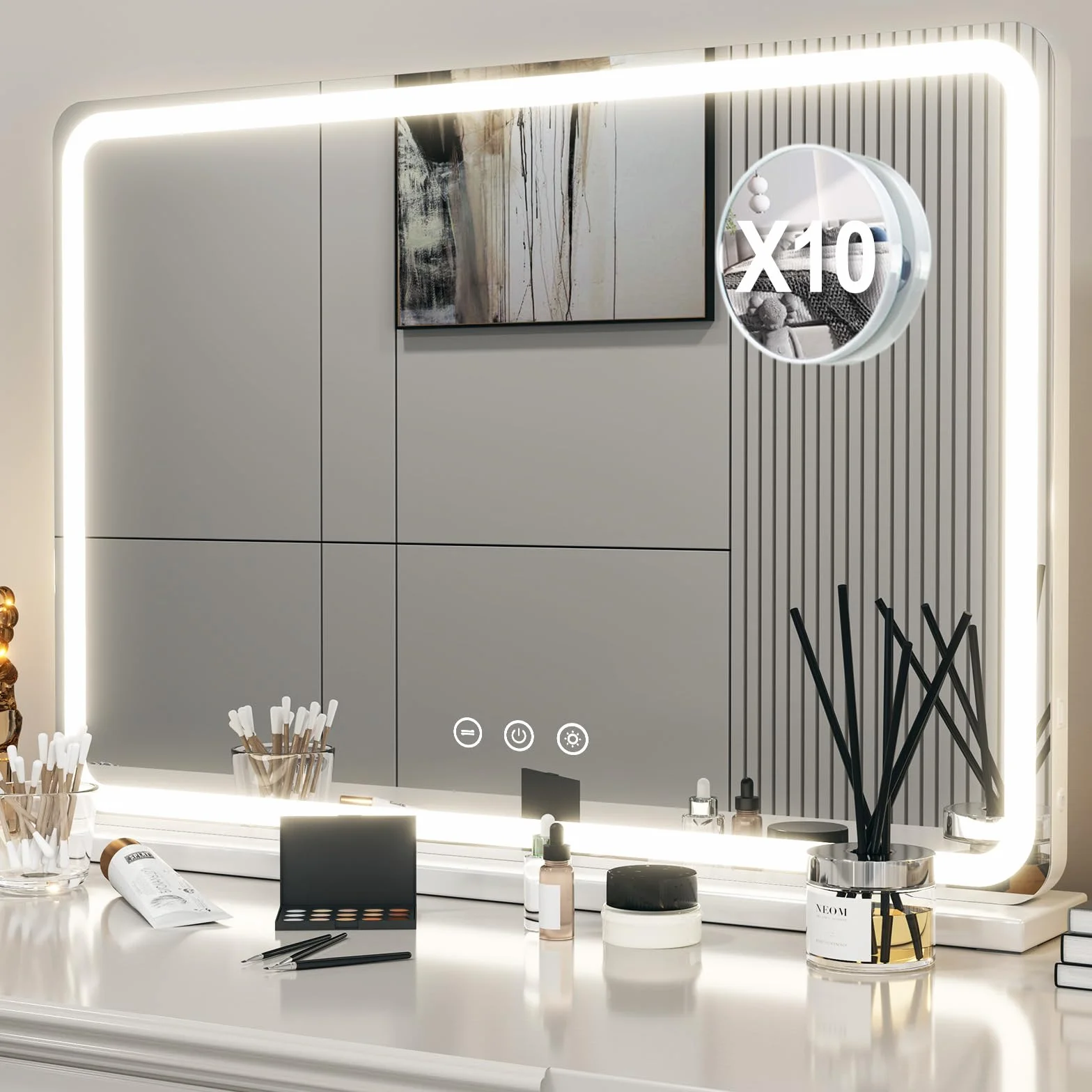 Hollywood Schminkspiegel mit Beleuchtung, Hollywood Spiegel mit 3 Farbtemperaturen, Groß Schminkspiegel mit Touchscreen-Steuerung und USB Für Makeup 80 X 57cm