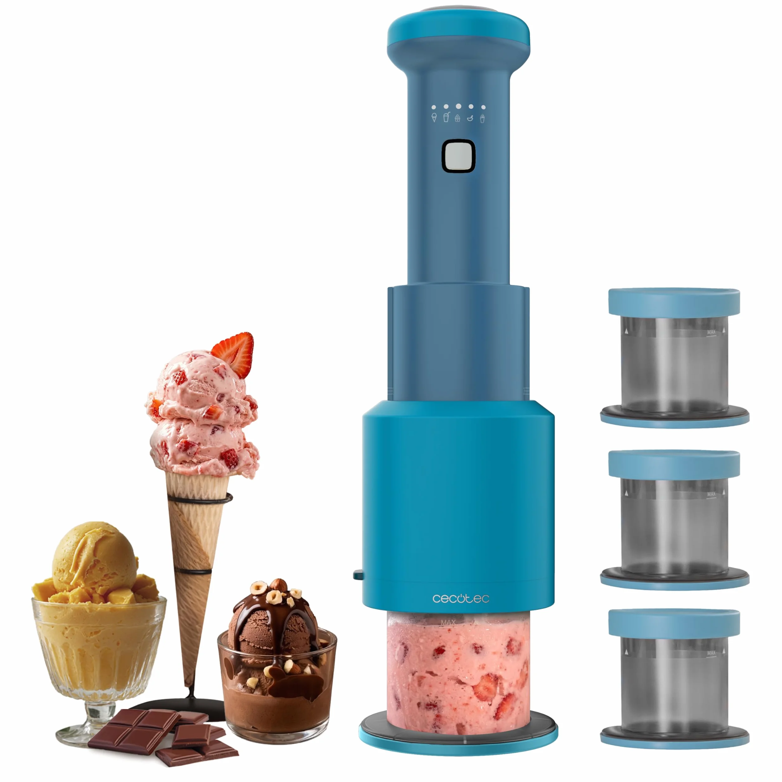 Cecotec Eismaschine Gelatec EasyMove, 5 Programme für Eis, Sorbet, Mix-ins, Slush und Shake, vertikales Rührsystem, Eis in 5 Min, 3x 260 ml Becher, Klinge abnehmbar, spülmaschinenfest, mit Deckeln