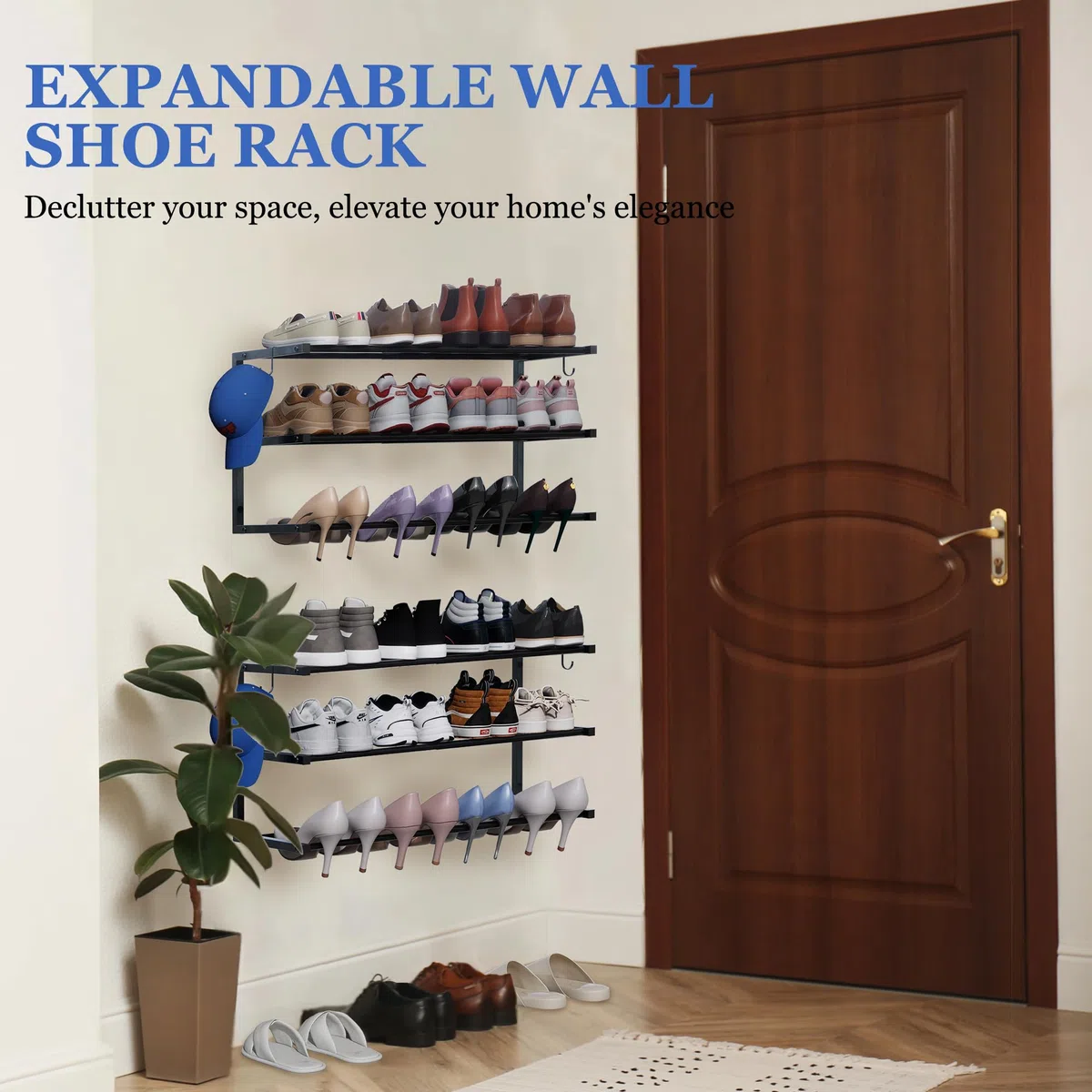 Schuhregal zur Wandmontage, 3 Etagen, hängendes Schuhregal für 24 Paar, 43,2 cm - 76,2 cm, verstellbarer, robuster Schuh-Organizer mit 4 Aufbewahrungshaken, platzsparend für Schrankeingang, schwarz