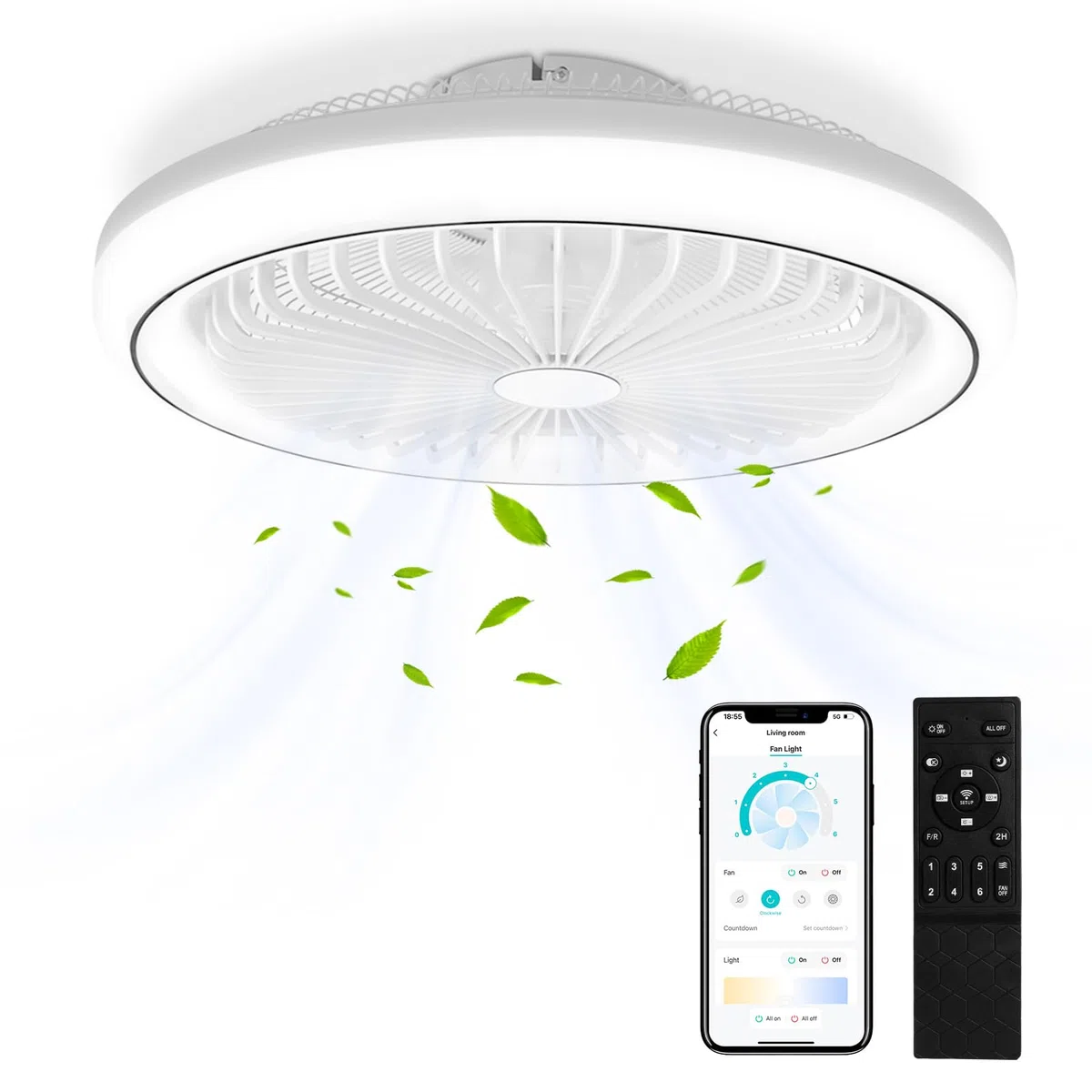 Deckenventilator mit RGB-Licht (3000K-6500K) & Fernbedienung – 6 Geschwindigkeiten, Timer, Lichtspeicher, 7 reversible Flügel – lampe mit ventilator Ideal für Wohnzimmer & Schlafzimmer