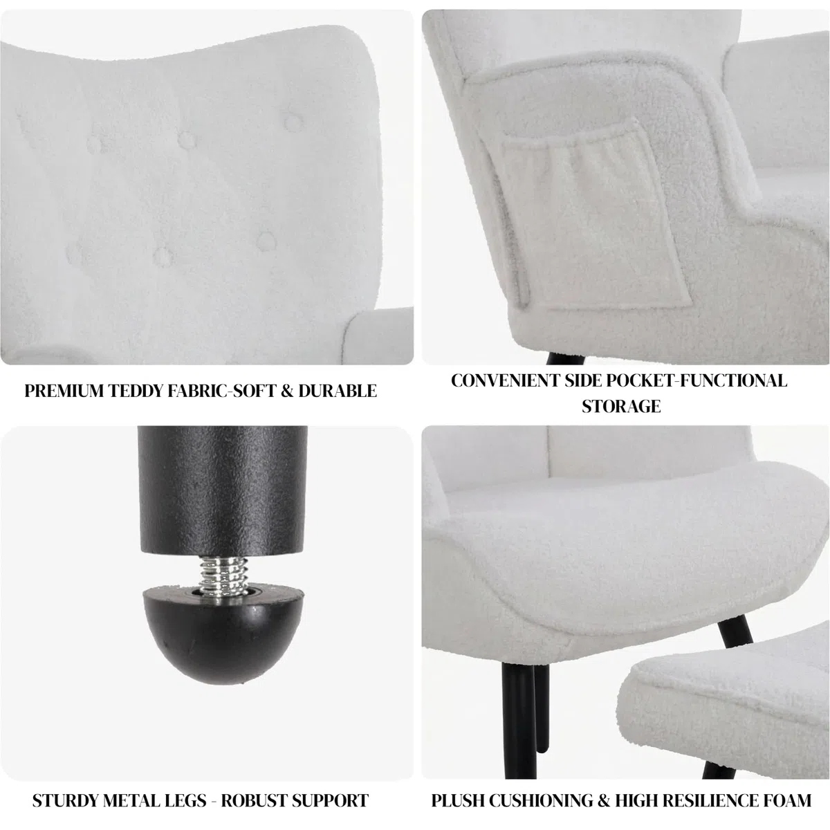 Clevich Ohrensessel - Gemütlicher Loungesessel mit Hocker, Lesesesselaus, Chenille Armchair für Wohnzimmer & Schlafzimmer - Bis 168kg (Weiß)