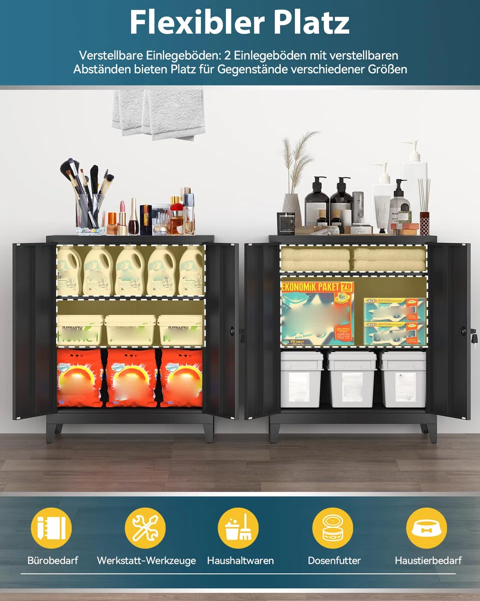 Aktenschrank, abschließbarer Garagenschrank, 2 Ebenen Büroschrank, Werkstattschrank mit verstellbaren Regalen, für Büro, Garage und Hauswirtschaftsraum, 40 x 80 x 100 cm, Schwarz