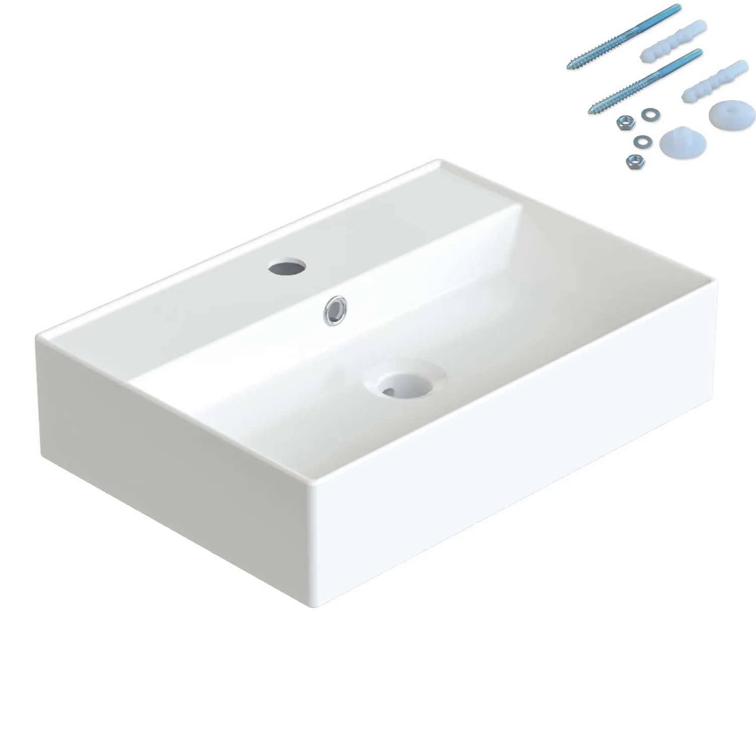 Waschbecken aus Keramik Eckig 50 x 35 cm Aufsatzwaschbecken für Waschtisch Unterschrank Waschplatz Gäste WC Hängewaschbecken Handwaschbecken Weiß Wandhängend mit Hahnloch Überlauf Stockschrauben M10