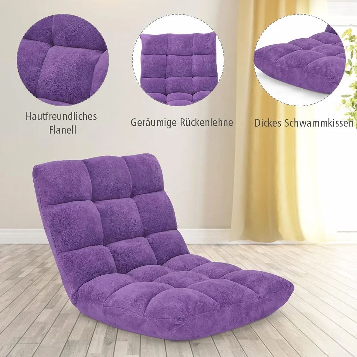 FANTASK Bodenstuhl mit Verstellbarer Rückenlehne, Bodensessel gepolstert, Bodenkissen faltbar, Lila