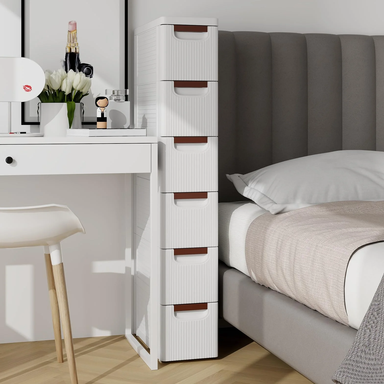 GIANTEX Nischenschrank Nischenregal 19 cm breit, Nischenwagen auf Rollen, Schmaler Rollschrank Rollwagen mit 6 Schubladen, Badschrank Badrollwagen kleiner Schubladenschrank Toilettenschrank für Bad