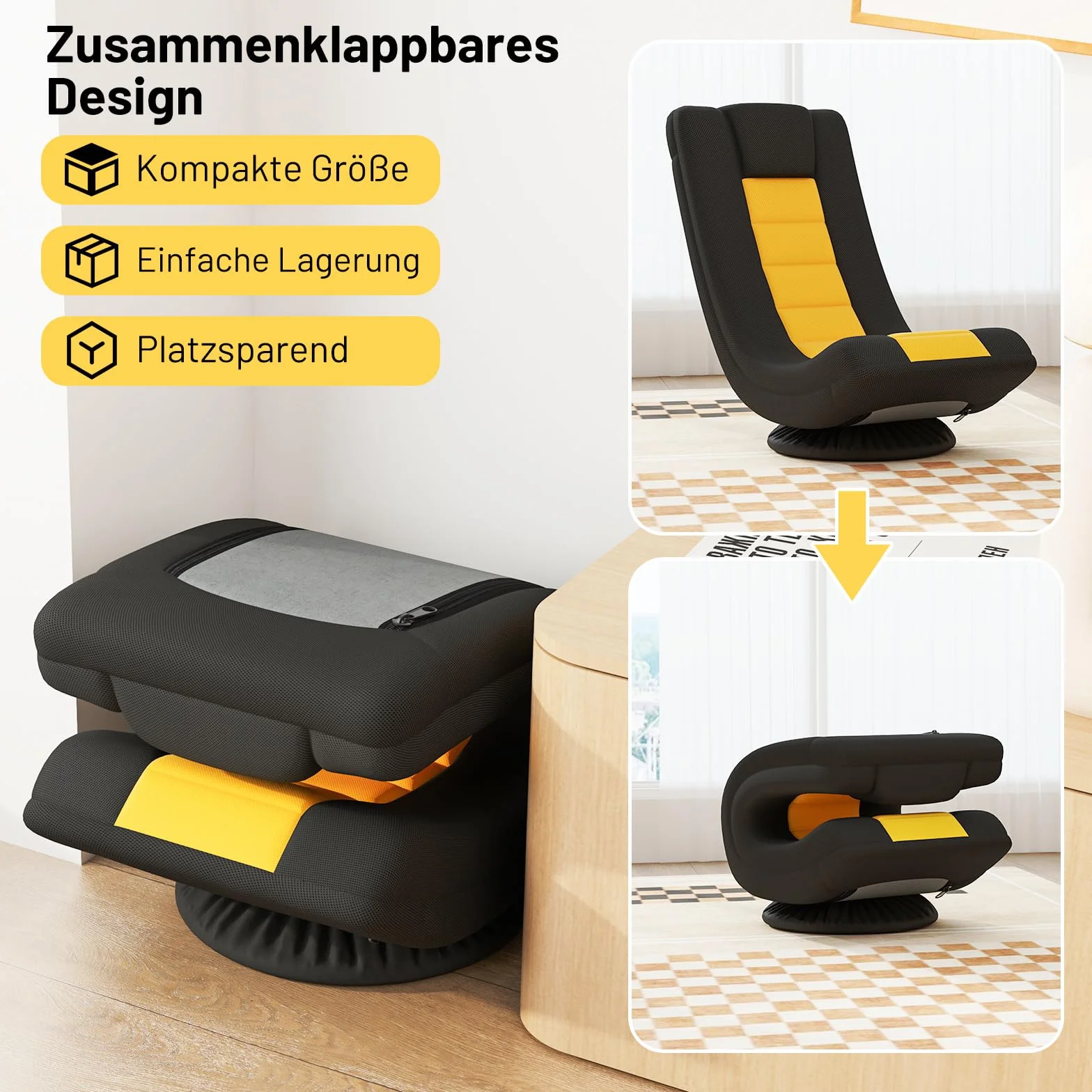 RELAX4LIFE Bodensessel Klappbar, Bodenstuhl mit 4-Fach Verstellbarer Rückenlehne, 360° drehbarem Sockel & Nackenpolster, Meditationsstuhl gepolstert, Gamingsessel Relaxsessel für Wohnzimmer (Gelb)