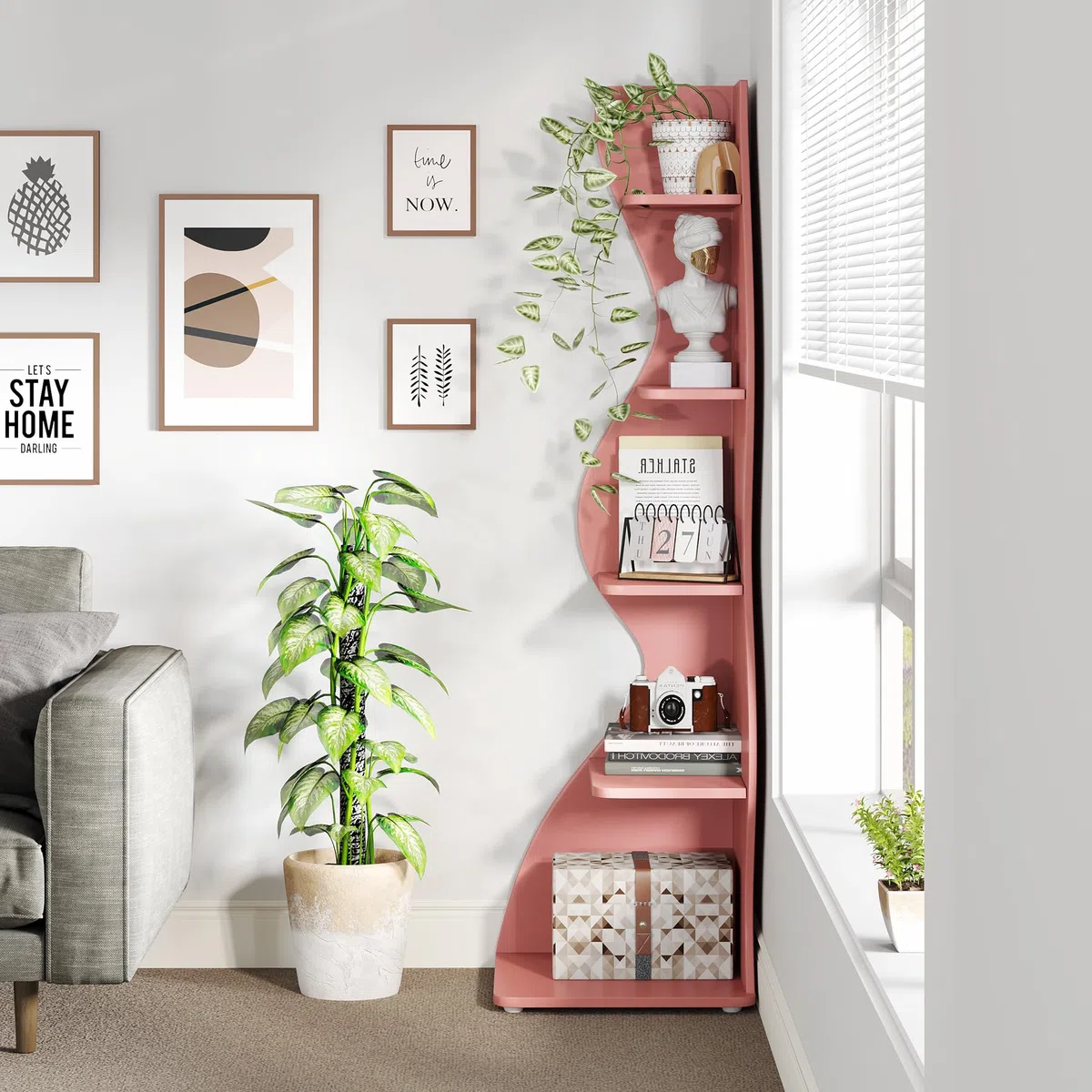 Tribesigns Eckregal, 178 cm hoch, Lagerregal, Bücherregal, Pflanzenständer, Organizer-Einheit, 5 Stufen, Modern, für Zuhause, Büro, Wohnzimmer, Schlafzimmer, Balkon, Rosa, 1 Stück