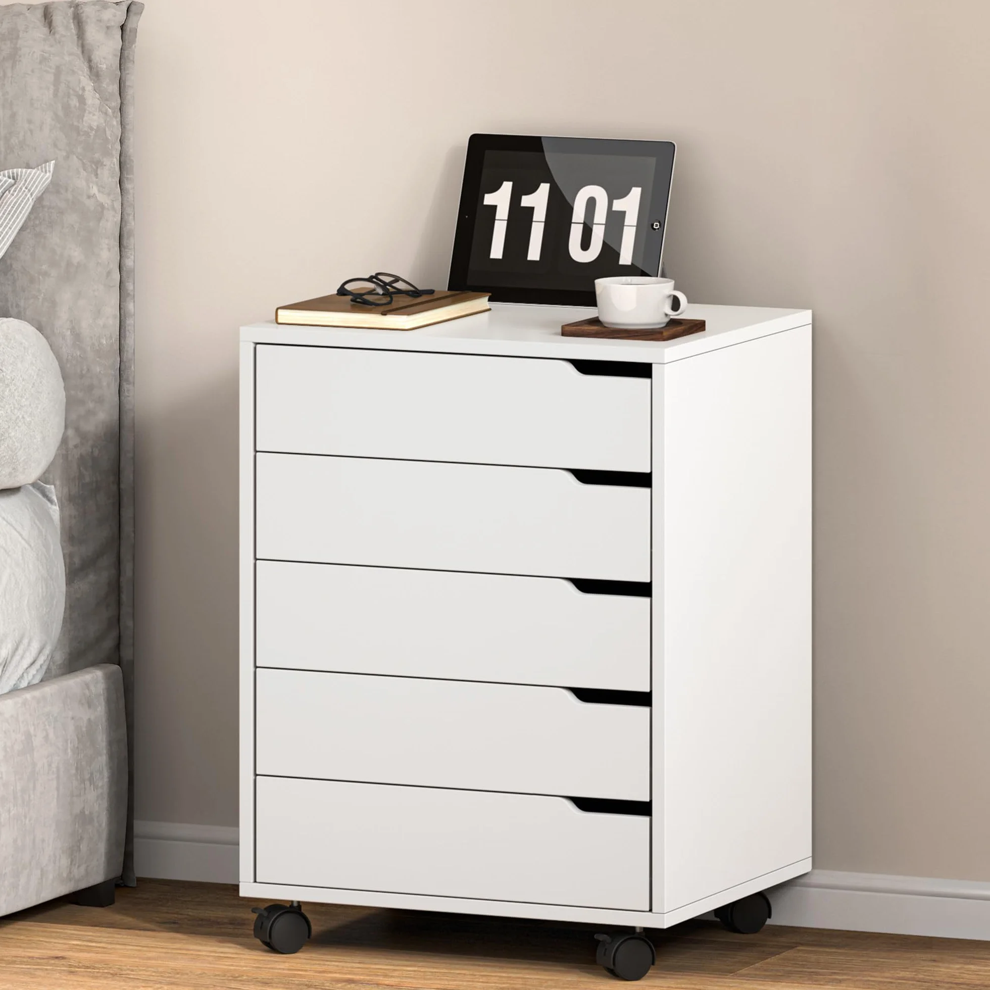 SDHYL 5-Schublade vertikaler Aktenschrank mit Griffen, rollwagen mit schubladen， rollcontainer mit schubladen，unter Schreibtisch Schublade Lagerung für Home Office, 5 Schubladen,weiß