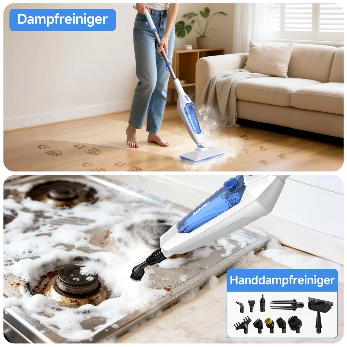 SENMO Dampfreiniger 10-in-1 mit abnehmbarem Handdampfreiniger, 15 s Aufheizzeit, 230°F Heißdampf, als Dampfmop mit Zubehör & 2 Pads, für Böden, Parkett, Fliesen, Fugen, Teppich, Küche & Bad