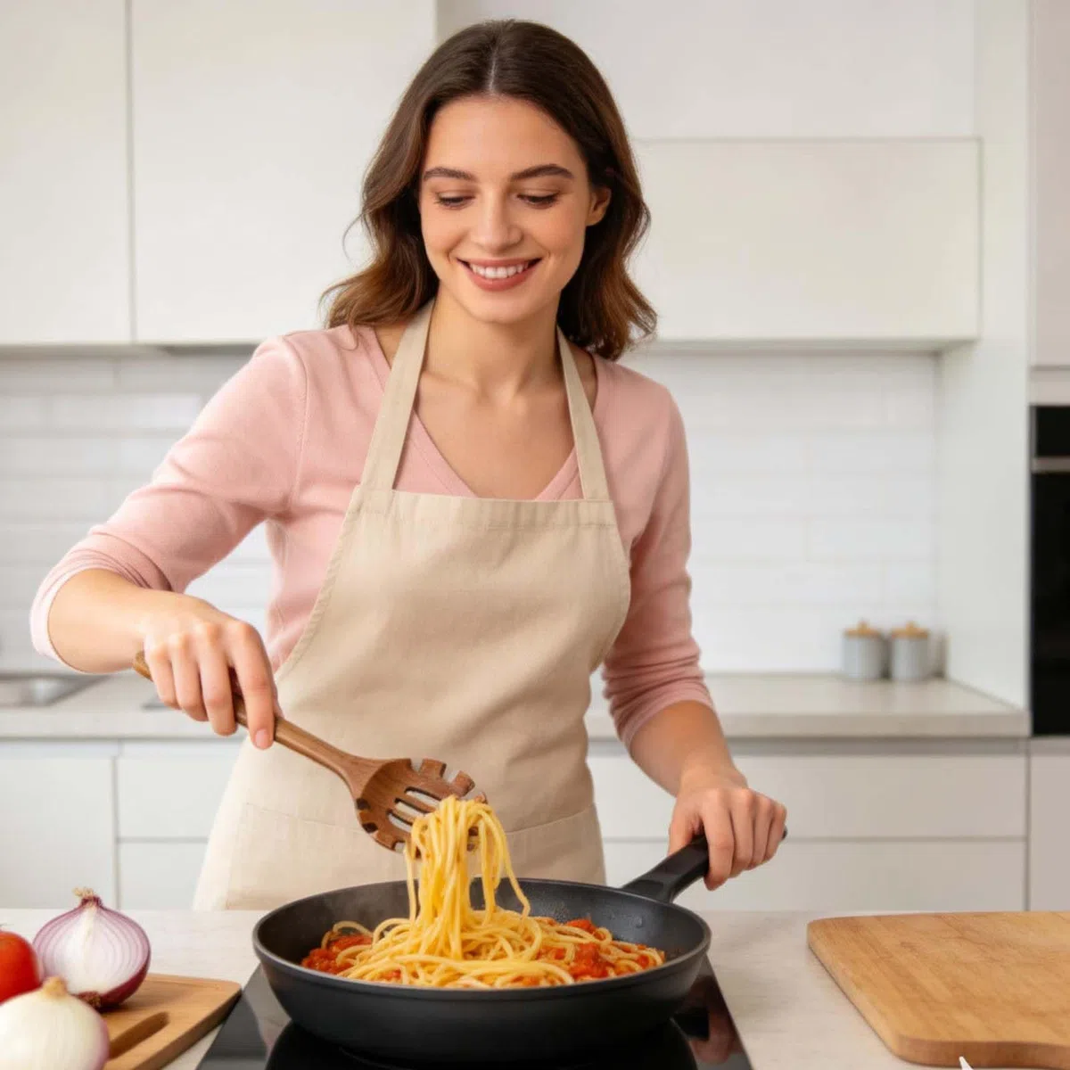 2 Stück Kochlöffel Holz, Holzlöffel mit Spaghettilöffel, Suppenkelle Holz für Kochen, Rühren, Servieren Spaghetti, Suppe, Sauce