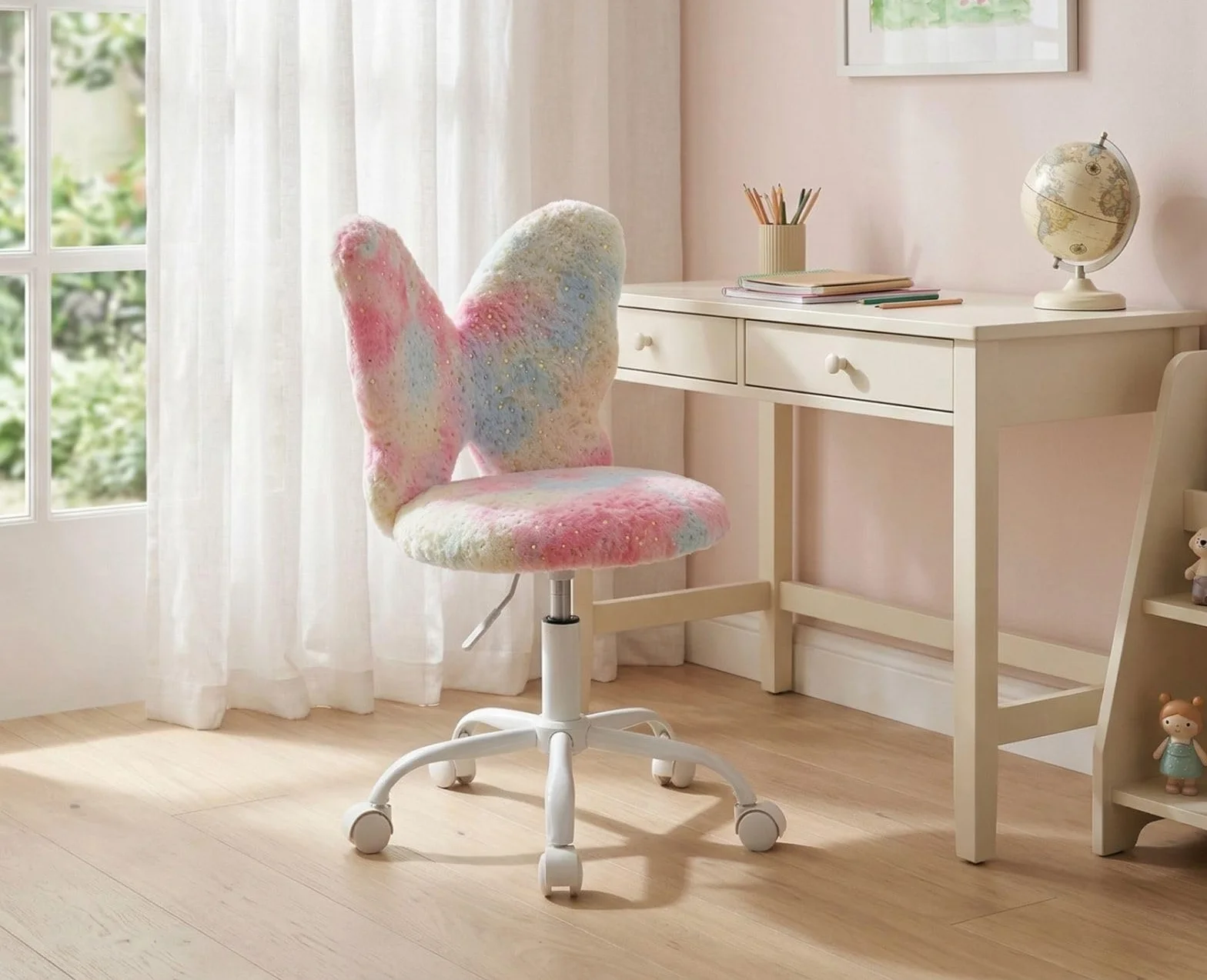chairus Kunstfell Kinder Schreibtischstuhl für Kinderzimmer Höhenverstellbarer Jungendstuhl ohne Armlehne Drehstuhl für Kinder (Rosa)