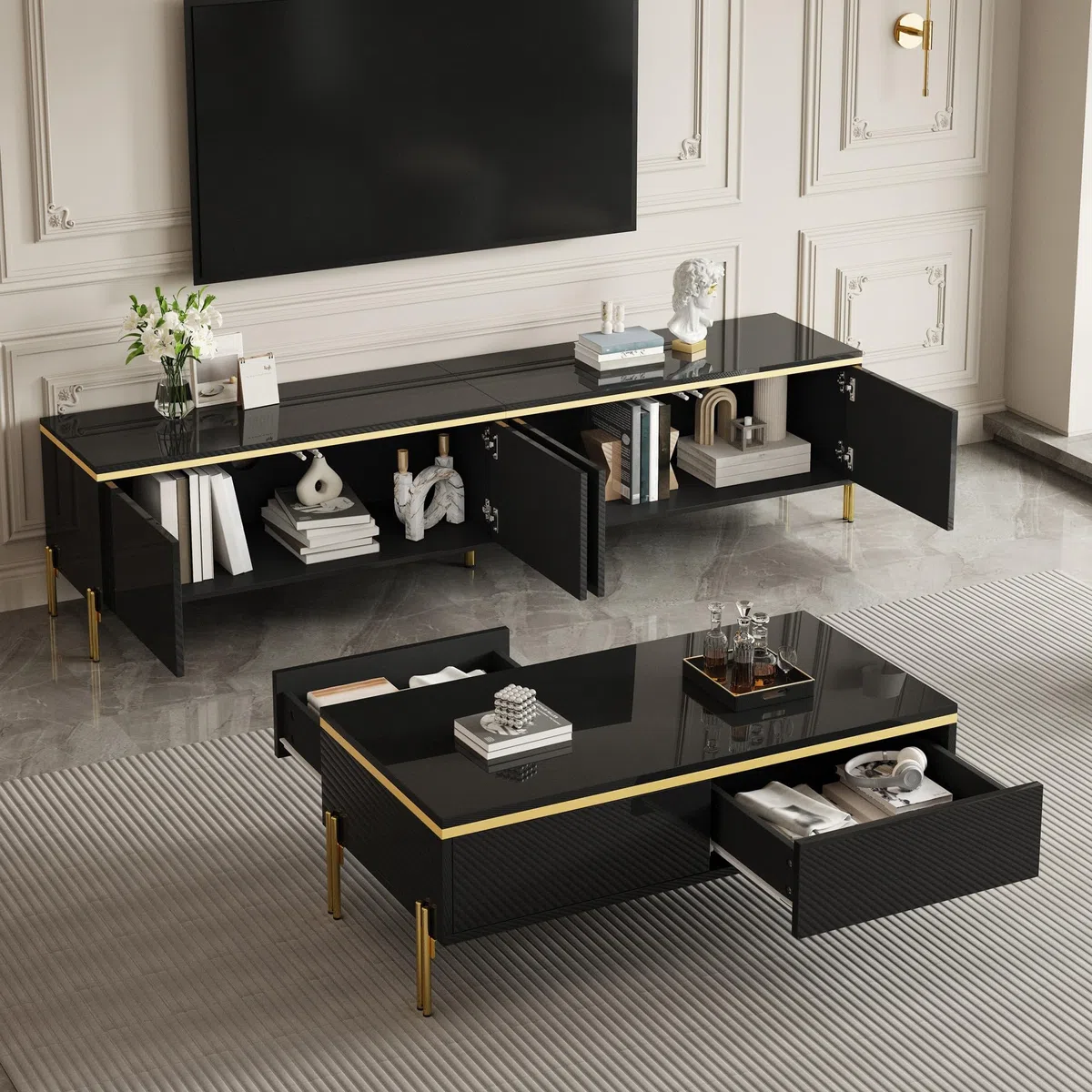 Luxus-TV-Schrank und Couchtisch-Set Hochglanz Schwarz Goldene Kanten